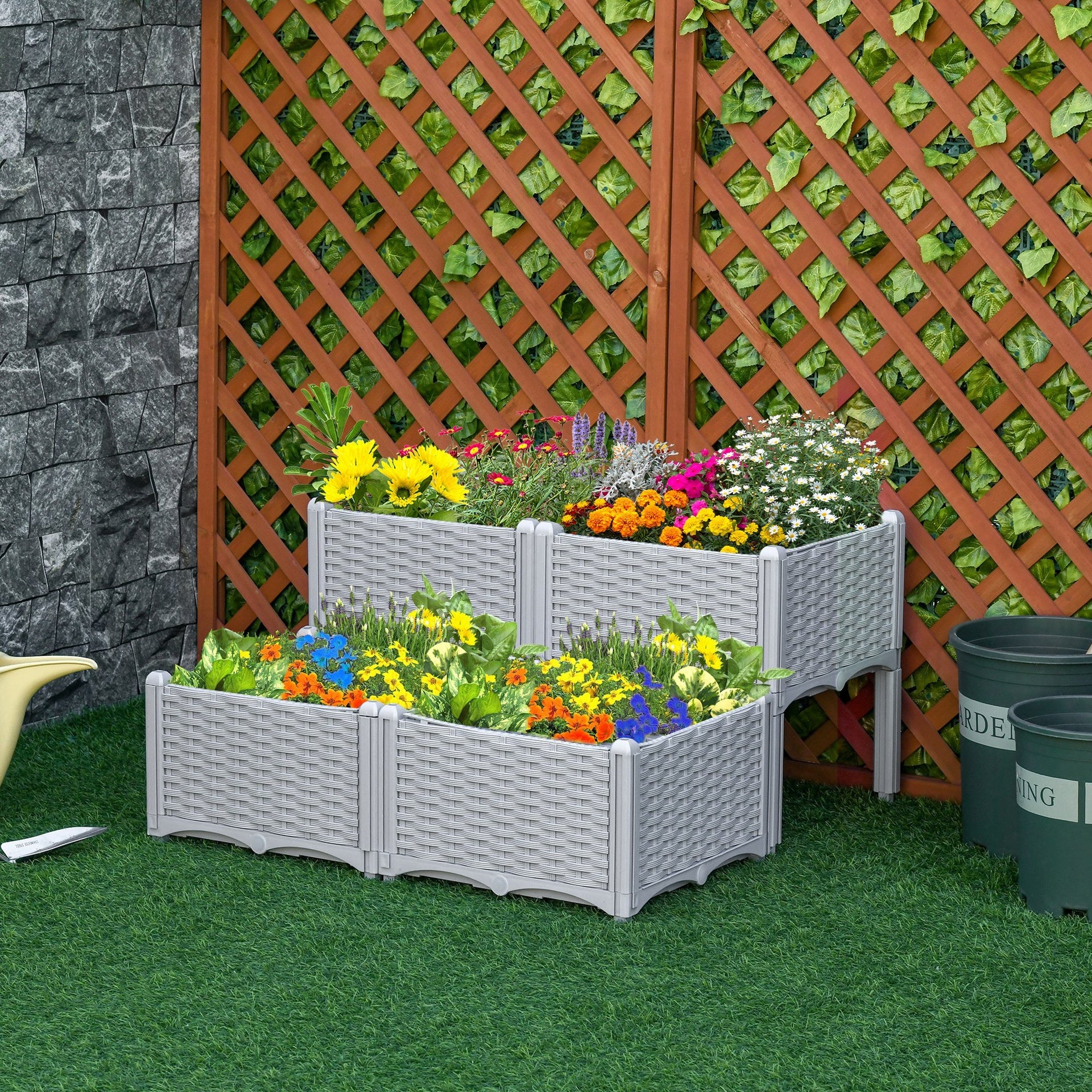 Outsunny 4-Piece Raised Garden Bed with Legs, Self-Watering Planter Box Raised Bed to Grow Flowers, Herbs & Vegetables, Gray