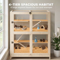 PawHut Wooden Hamster Cage, 4 Tier Small Animal Cage with Mesh Flip Roof, Pull-Out Tray, Huts, Seesaws, Ramps and Water Bottles