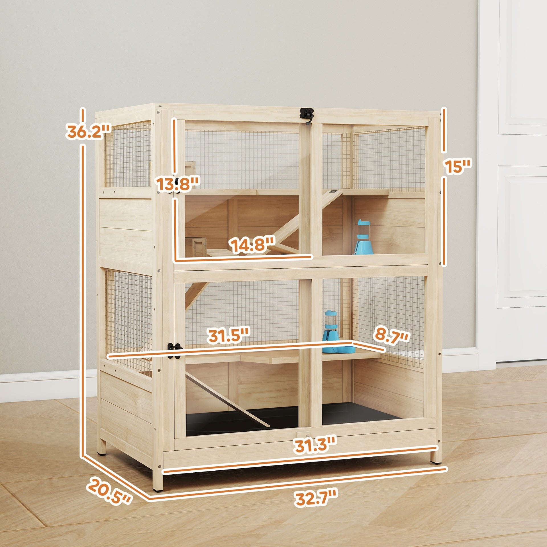 PawHut Wooden Hamster Cage, 4 Tier Small Animal Cage with Mesh Flip Roof, Pull-Out Tray, Huts, Seesaws, Ramps and Water Bottles