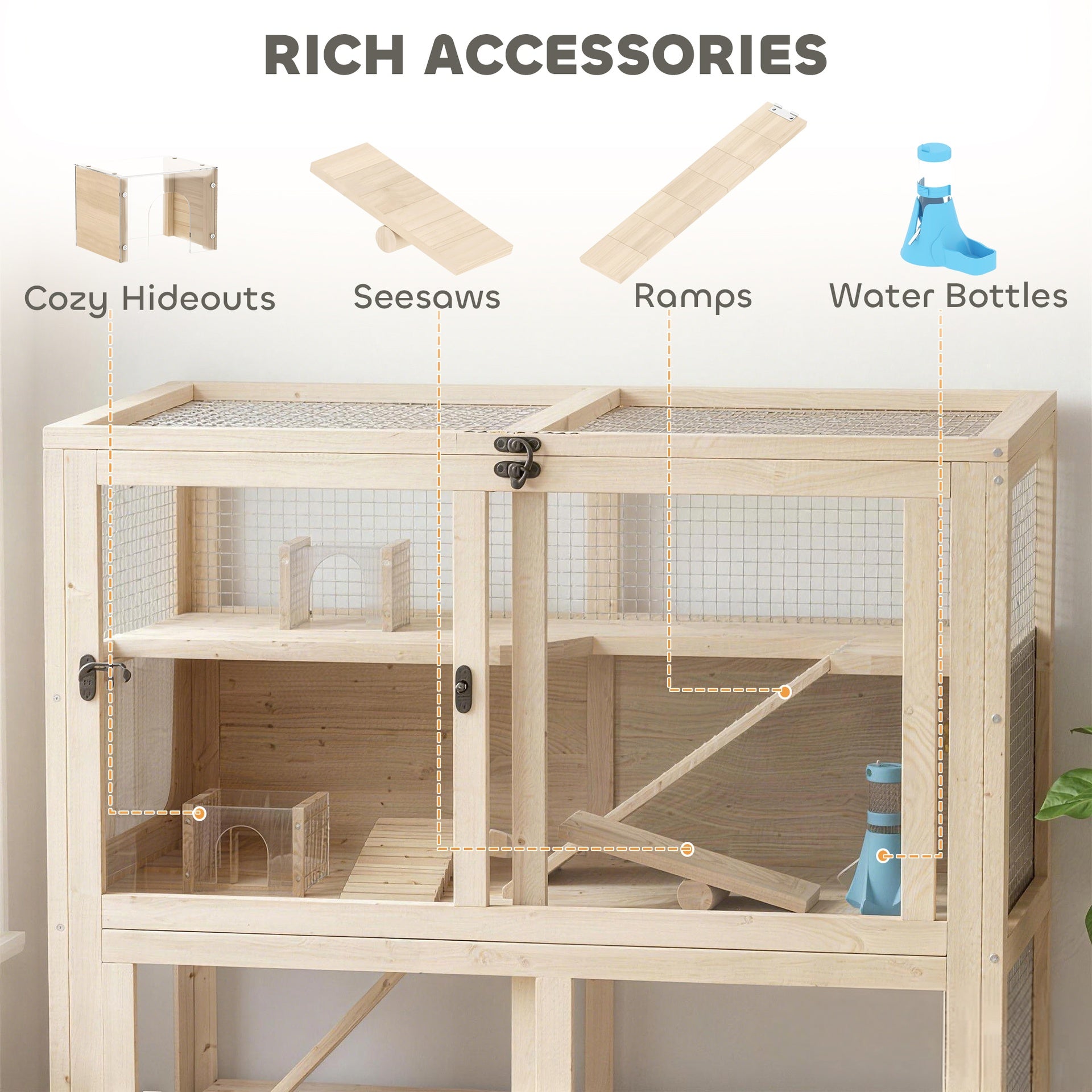 PawHut Wooden Hamster Cage, 4 Tier Small Animal Cage with Mesh Flip Roof, Pull-Out Tray, Huts, Seesaws, Ramps and Water Bottles