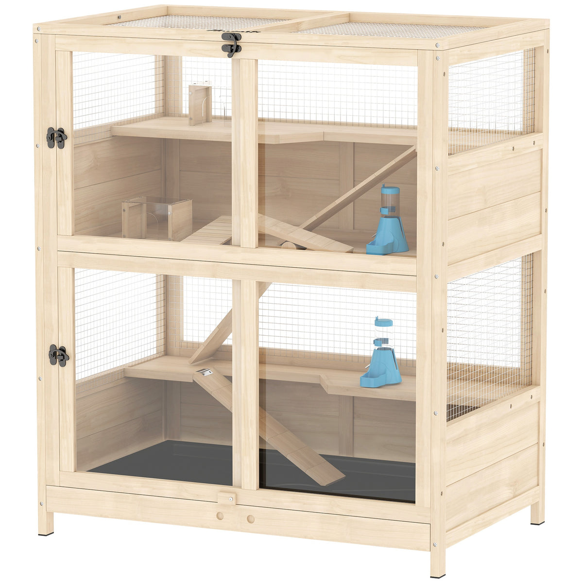 PawHut Wooden Hamster Cage, 4 Tier Small Animal Cage with Mesh Flip Roof, Pull-Out Tray, Huts, Seesaws, Ramps and Water Bottles
