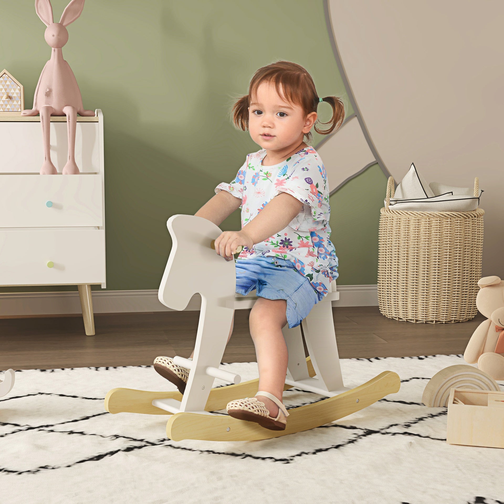 Qaba Wooden Rocking Horse Toddler Baby Ride-on Toys for Kids 1-3 Years with Classic Design & Solid Workmanship, White