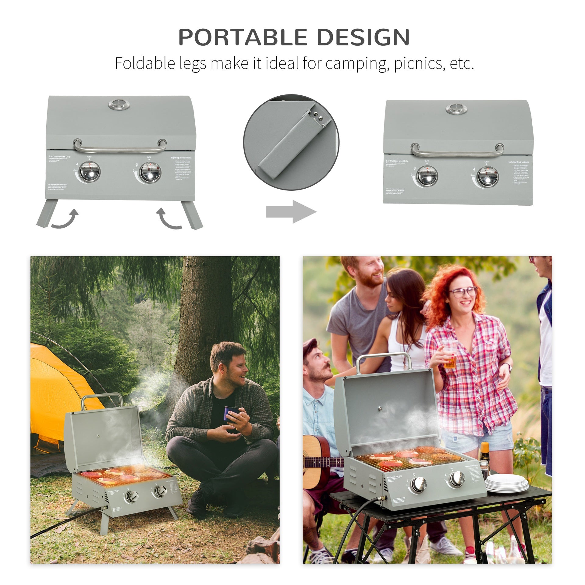 Outsunny 2 Burner Folding Tabletop Gas BBQ Grill w/ Lid, Thermometer, Carbon Steel, Gray