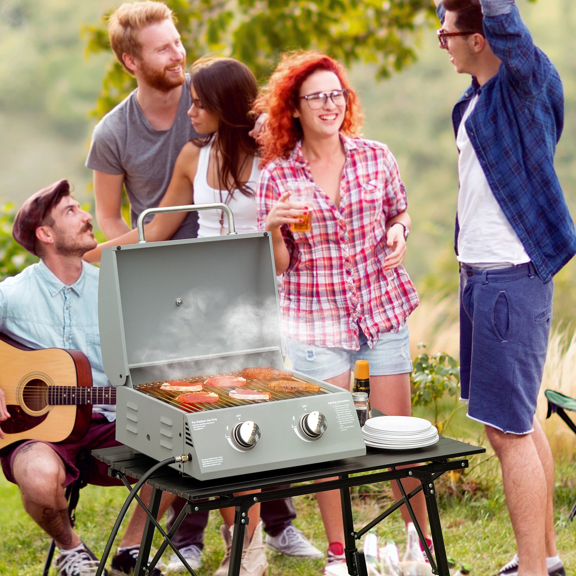Outsunny 2 Burner Folding Tabletop Gas BBQ Grill w/ Lid, Thermometer, Carbon Steel, Gray