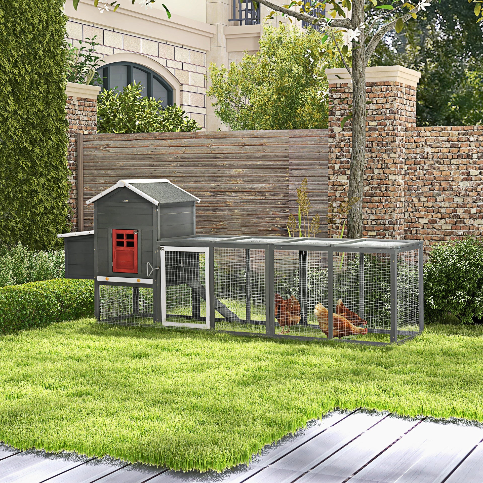 PawHut 118" Extra Large Chicken Coop with Asphalt Roof, Wooden Hen Run with Slide-Out Tray and Nesting Box, Chicken Hutch for 3-6 Chickens, Gray