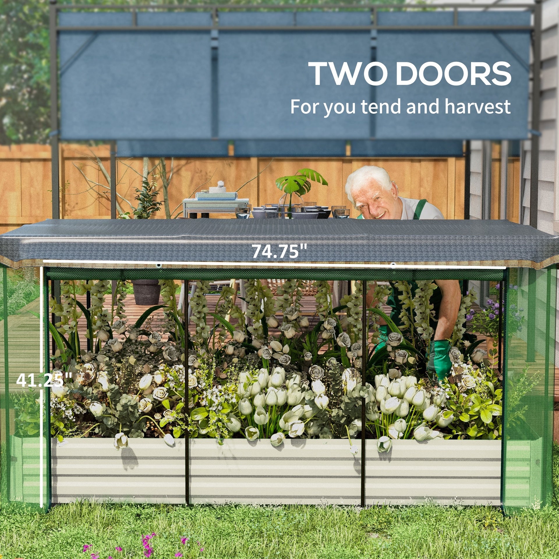 Outsunny Galvanized Steel Planter Box with Crop Cage and Shade Cloth, Raised Garden Bed for Flowers, Veggies and Herbs, Beige