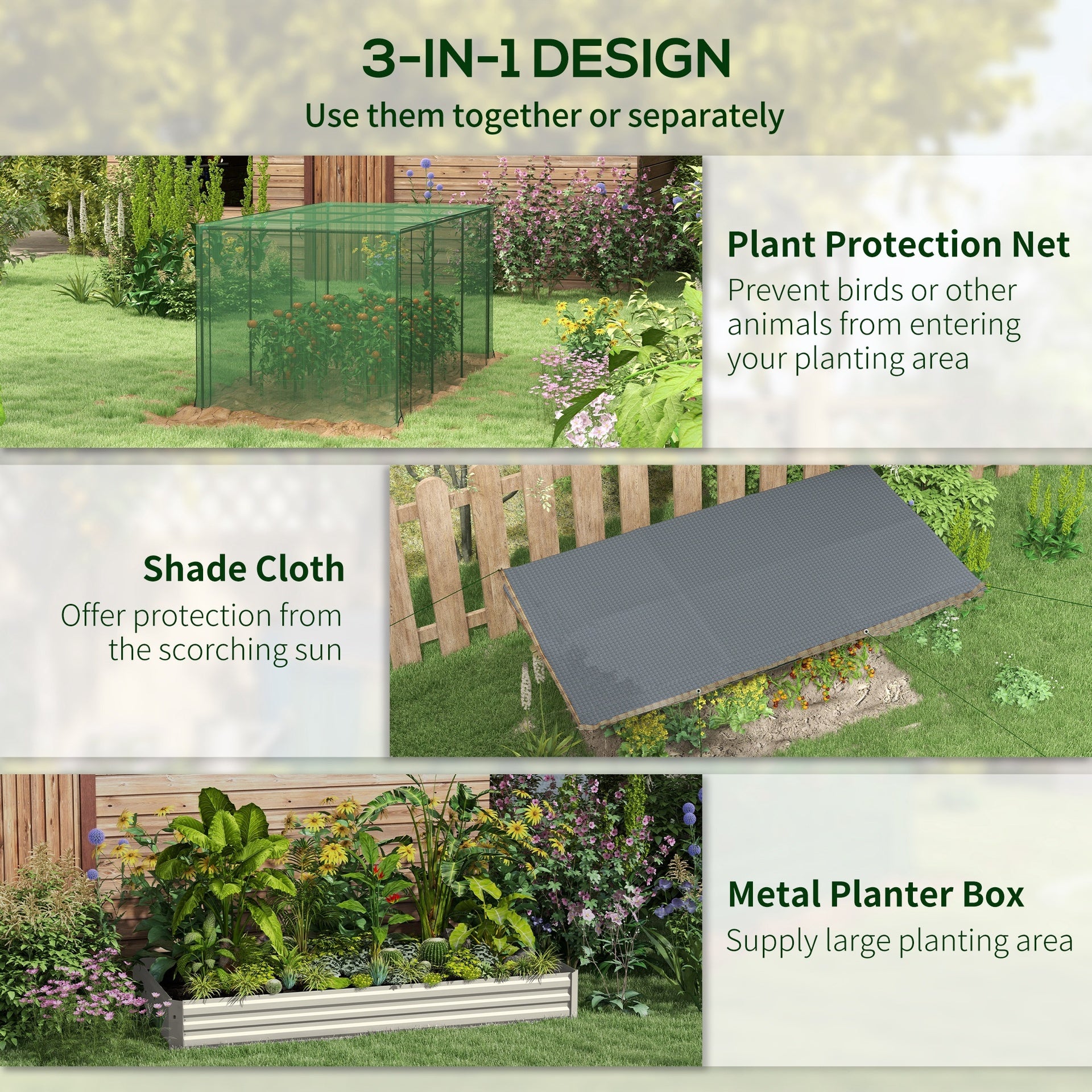 Outsunny Galvanized Steel Planter Box with Crop Cage and Shade Cloth, Raised Garden Bed for Flowers, Veggies and Herbs, Beige