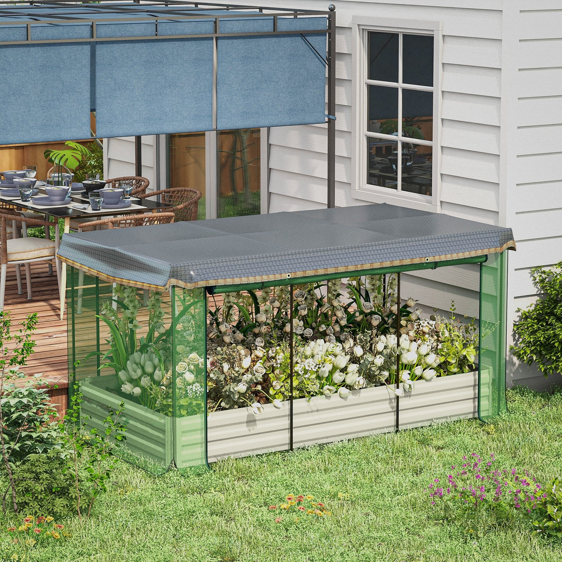 Outsunny Galvanized Steel Planter Box with Crop Cage and Shade Cloth, Raised Garden Bed for Flowers, Veggies and Herbs, Beige