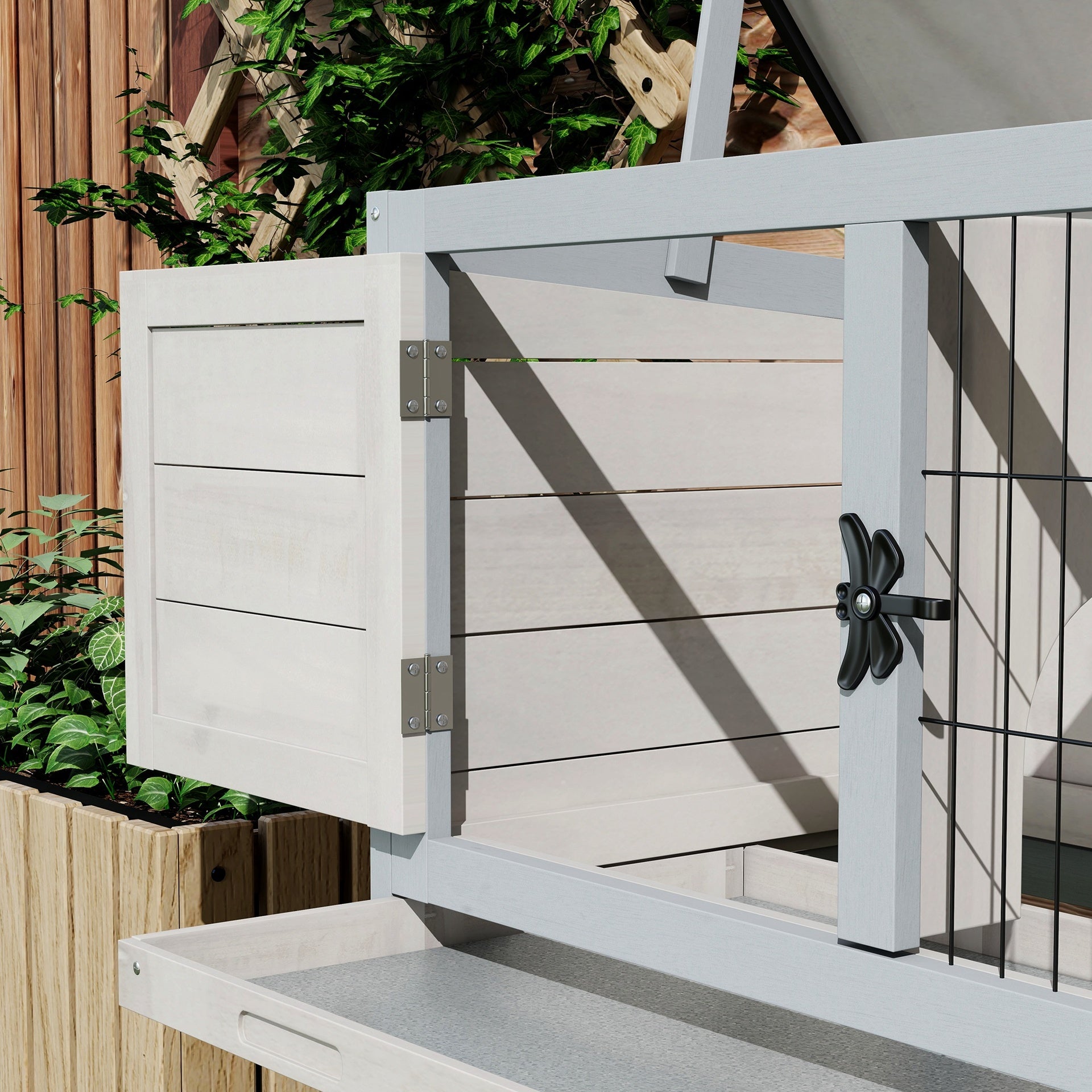 PawHut Elevated Rabbit Hutch, Wooden Bunny Cage with Hinged Asphalt Roof and Removable Tray, for Indoor/Outdoor, Gray