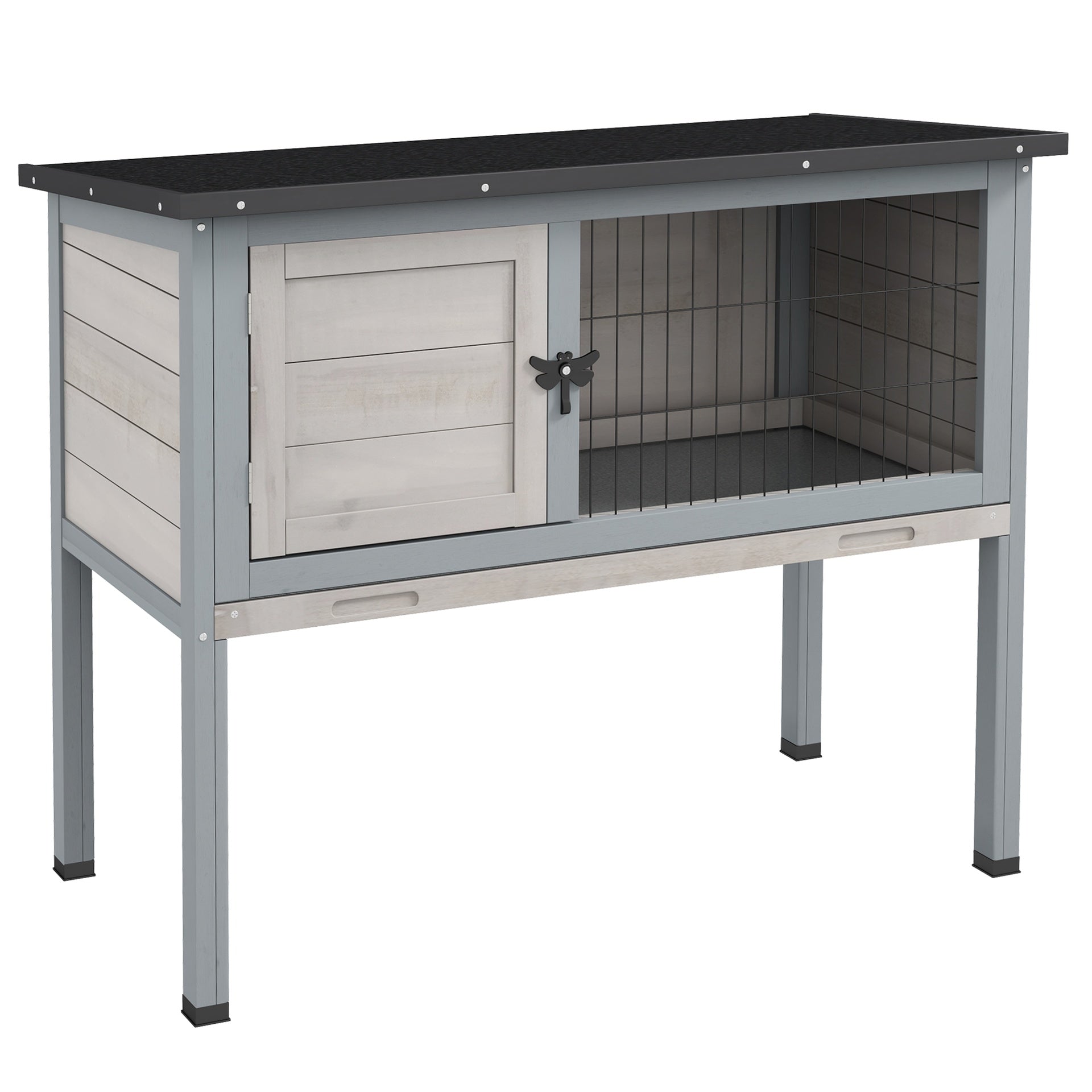 PawHut Elevated Rabbit Hutch, Wooden Bunny Cage with Hinged Asphalt Roof and Removable Tray, for Indoor/Outdoor, Gray