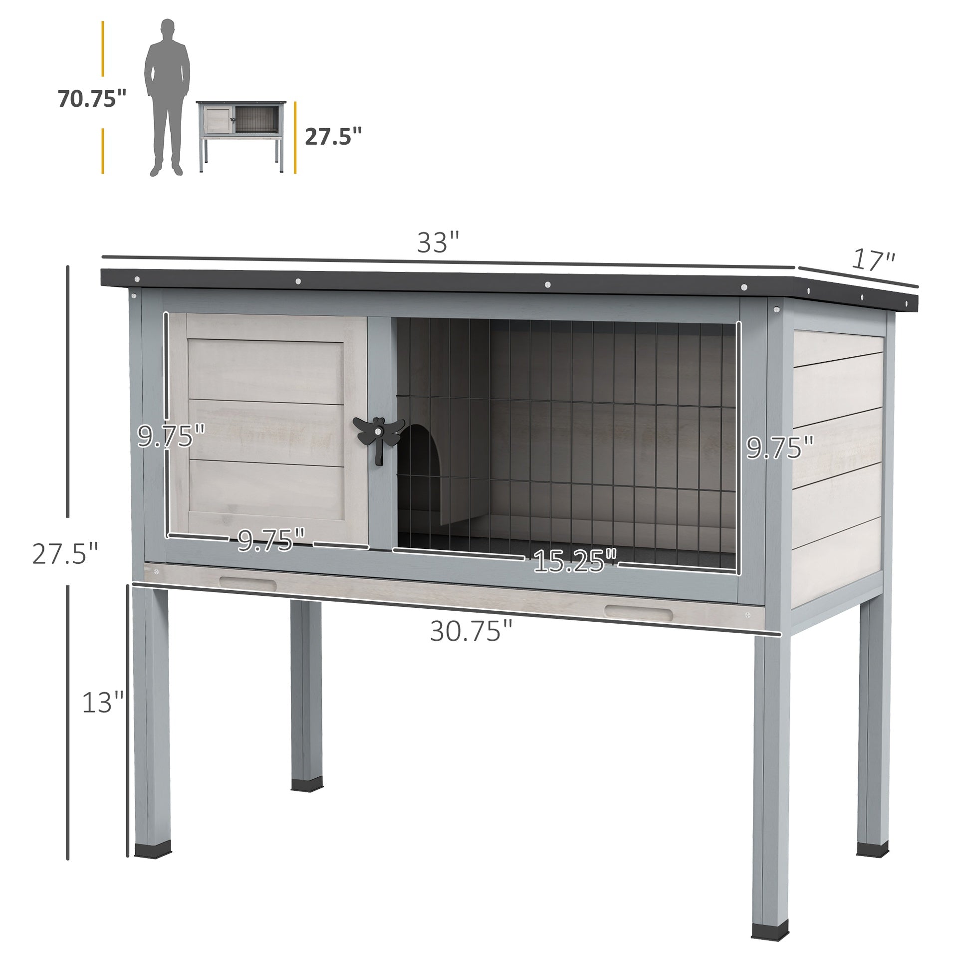 PawHut Elevated Rabbit Hutch, Wooden Bunny Cage with Hinged Asphalt Roof and Removable Tray, for Indoor/Outdoor, Gray