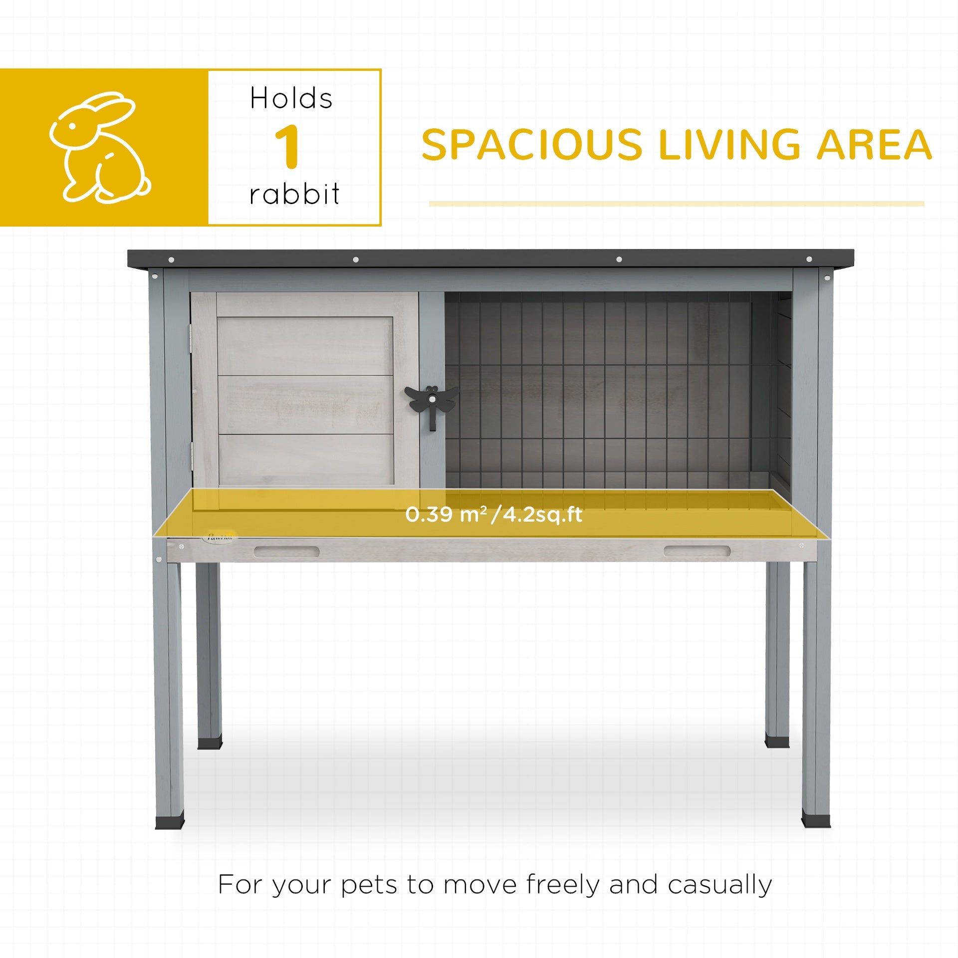 PawHut Elevated Rabbit Hutch, Wooden Bunny Cage with Hinged Asphalt Roof and Removable Tray, for Indoor/Outdoor, Gray