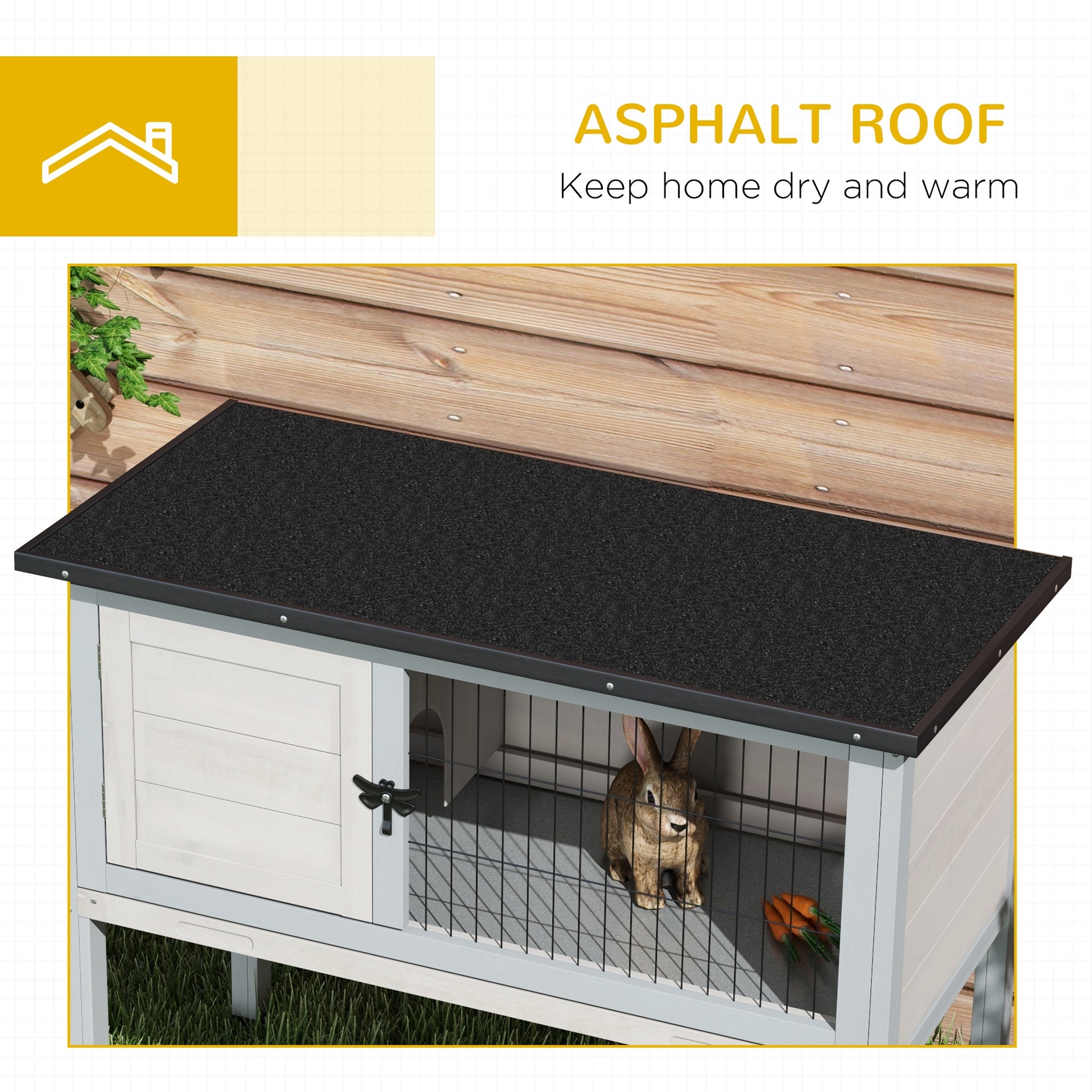 PawHut Elevated Rabbit Hutch, Wooden Bunny Cage with Hinged Asphalt Roof and Removable Tray, for Indoor/Outdoor, Gray