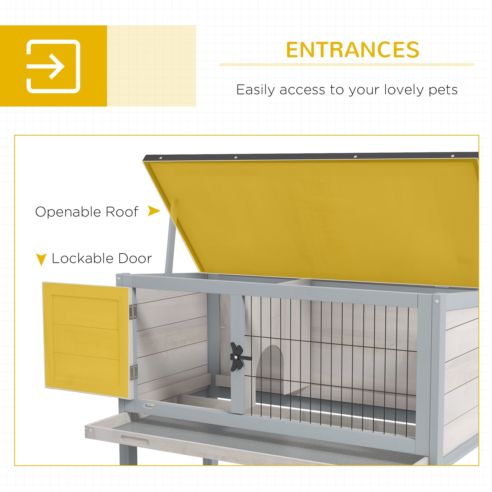 PawHut Elevated Rabbit Hutch, Wooden Bunny Cage with Hinged Asphalt Roof and Removable Tray, for Indoor/Outdoor, Gray