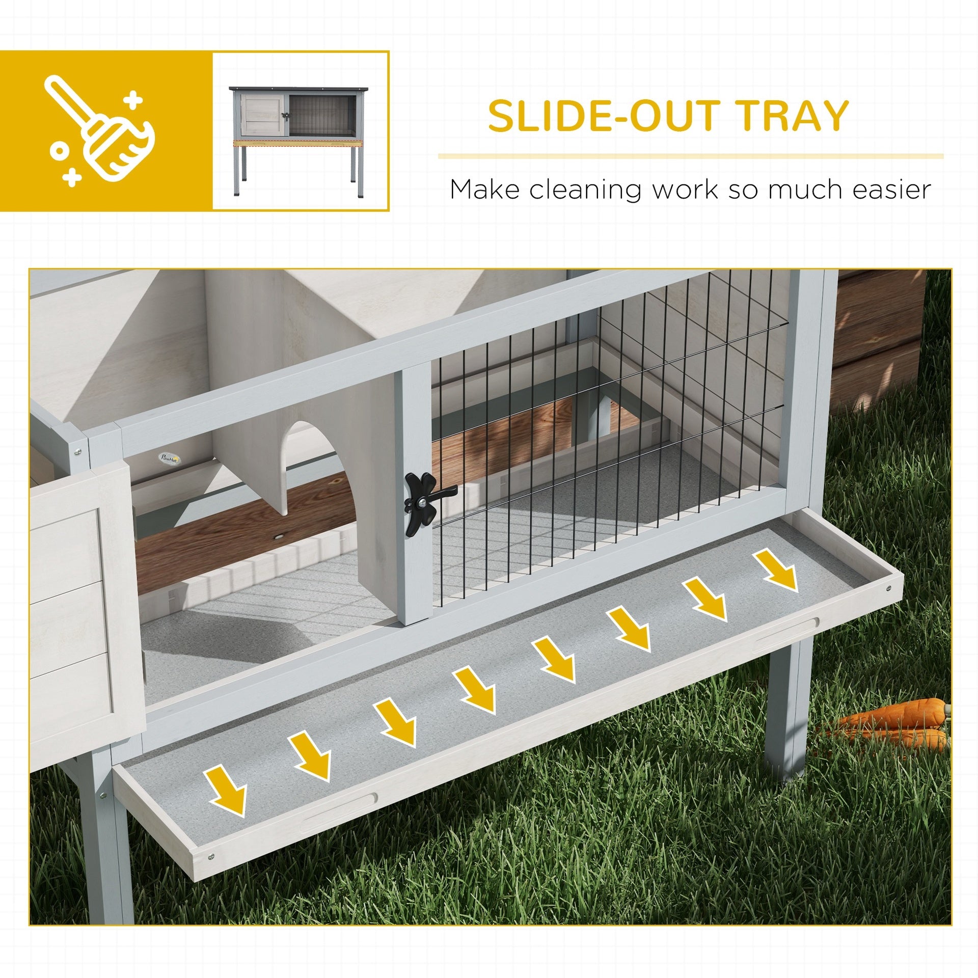 PawHut Elevated Rabbit Hutch, Wooden Bunny Cage with Hinged Asphalt Roof and Removable Tray, for Indoor/Outdoor, Gray