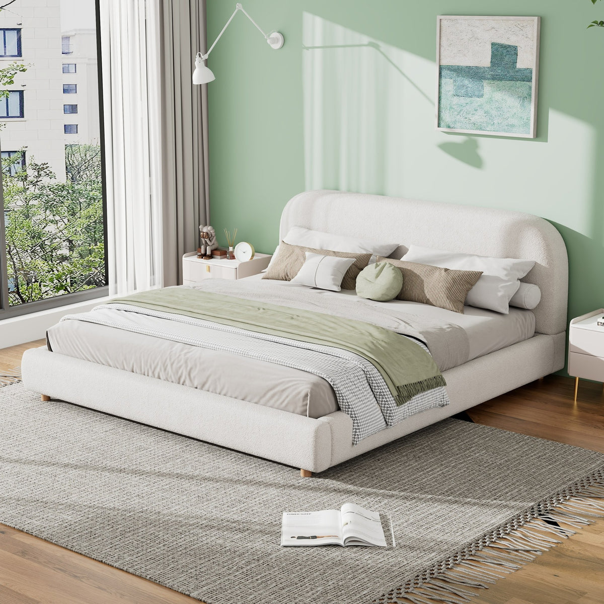 King Size Upholstered Bed With Boucle Fabric,Curved-Shape Design Thick Headboard, Solid Wood Legs,White