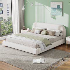 King Size Upholstered Bed With Boucle Fabric,Curved-Shape Design Thick Headboard, Solid Wood Legs,White