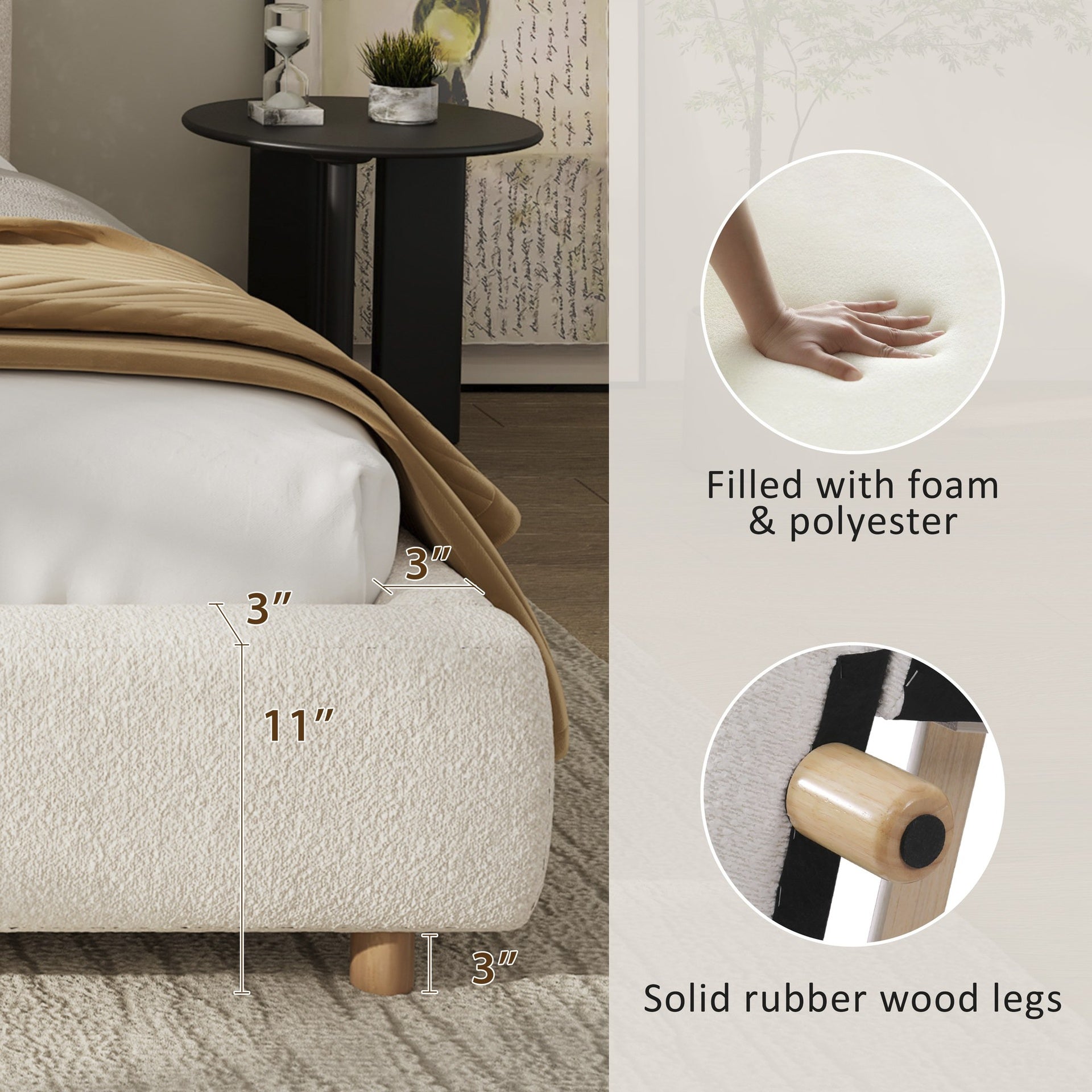 King Size Upholstered Bed With Boucle Fabric,Curved-Shape Design Thick Headboard, Solid Wood Legs,White