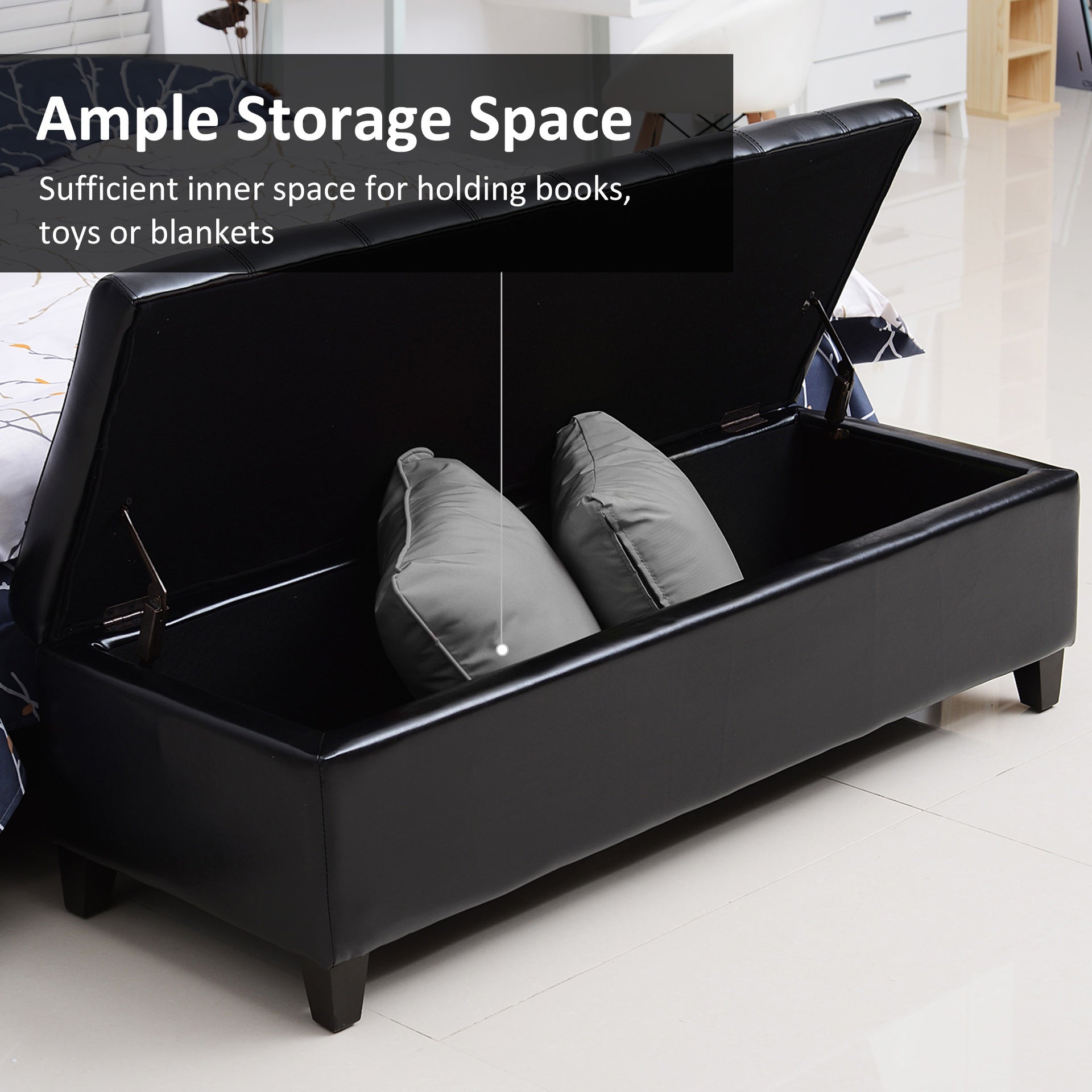 HOMCOM 51" Ottoman Storage Bench, Faux Leather Storage Chest with Lift Top, Tufted Ottoman for Living Room, Entryway, Black