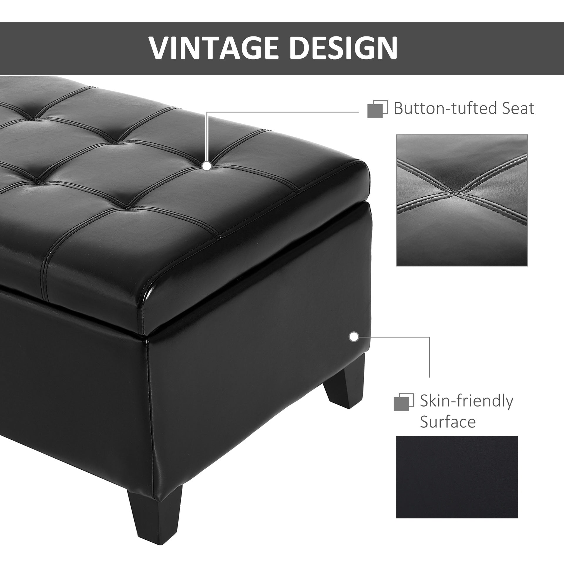 HOMCOM 51" Ottoman Storage Bench, Faux Leather Storage Chest with Lift Top, Tufted Ottoman for Living Room, Entryway, Black