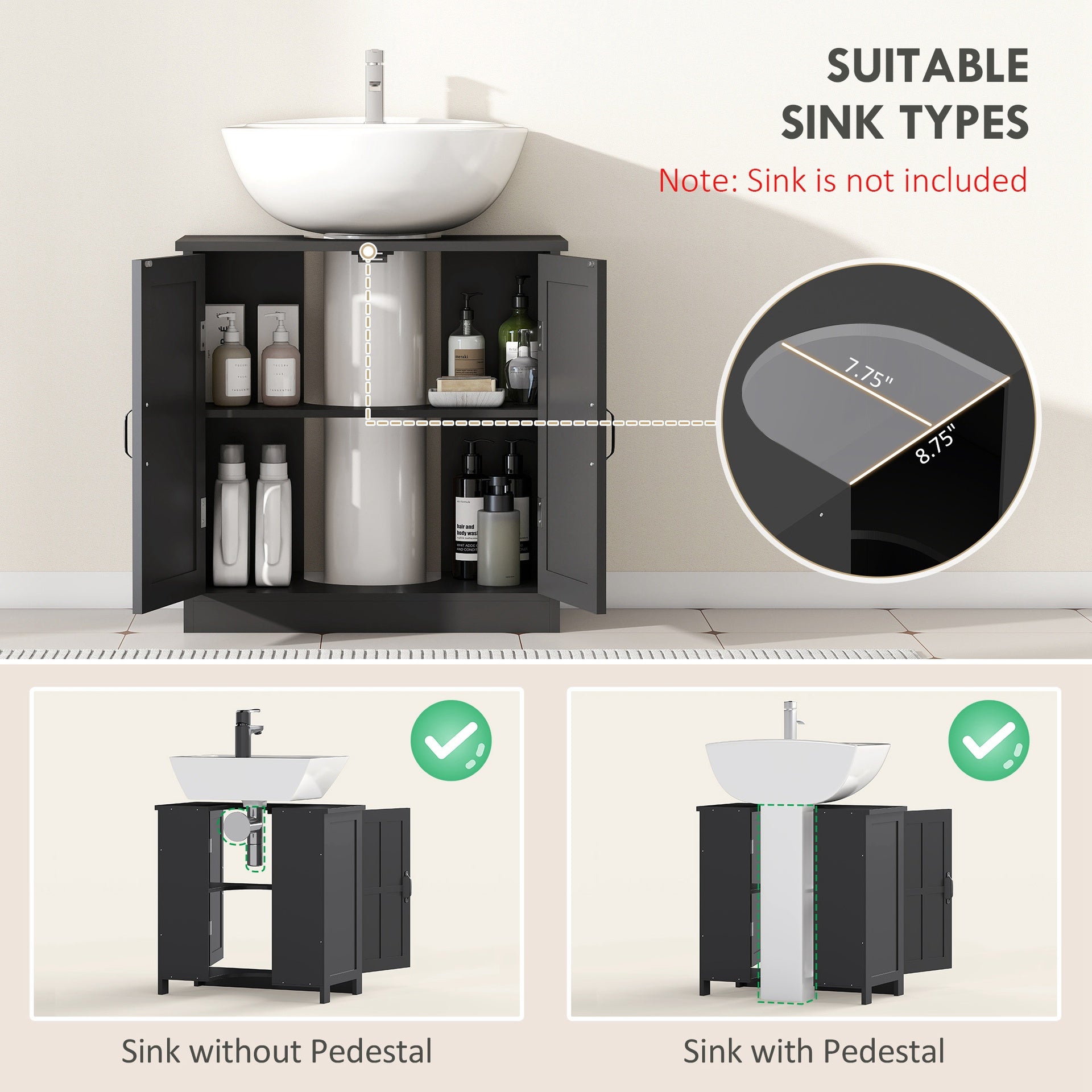 kleankin Bathroom Sink Cabinet, Pedestal Sink Cabinet with Adjustable Shelf, Black