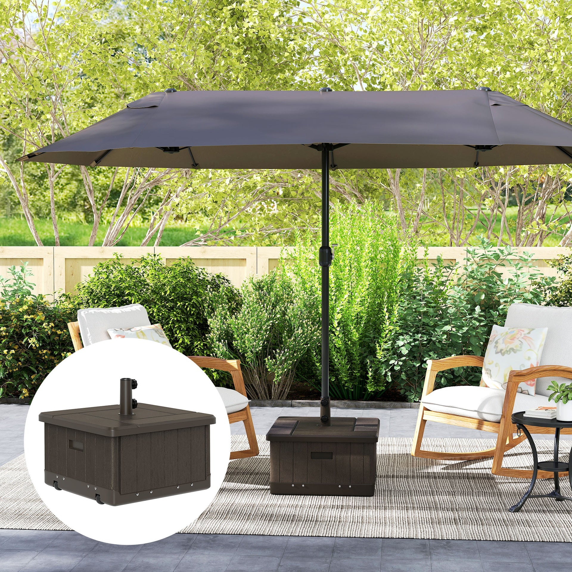 Outsunny 3-in-1 Outdoor Umbrella Base with Wheels and Handles, End Table, Flower Box Planter with Hole, 175 lbs. Capacity, Brown