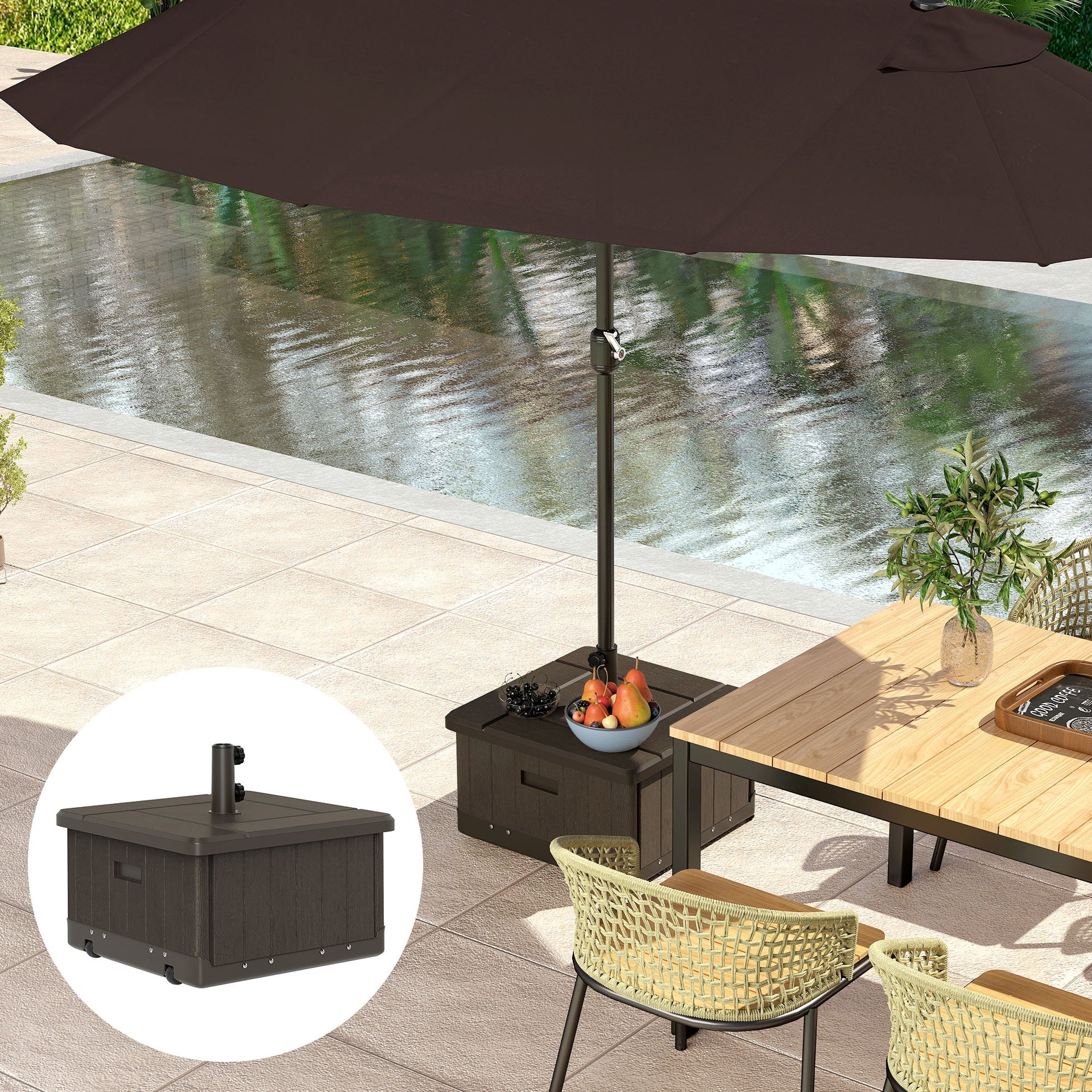 Outsunny 3-in-1 Outdoor Umbrella Base with Wheels and Handles, End Table, Flower Box Planter with Hole, 175 lbs. Capacity, Brown
