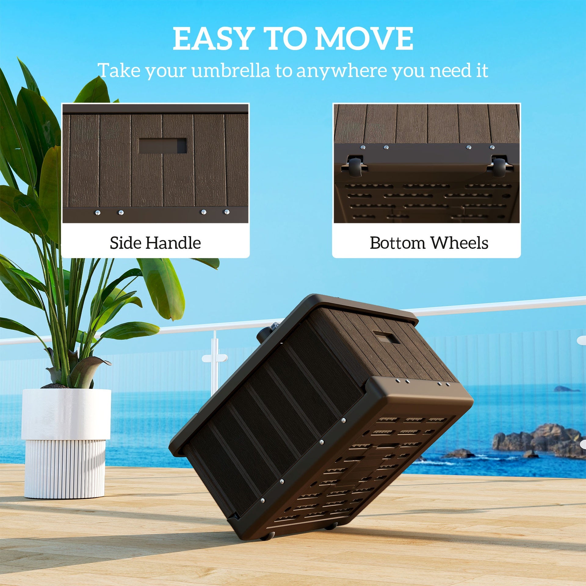 Outsunny 3-in-1 Outdoor Umbrella Base with Wheels and Handles, End Table, Flower Box Planter with Hole, 175 lbs. Capacity, Brown