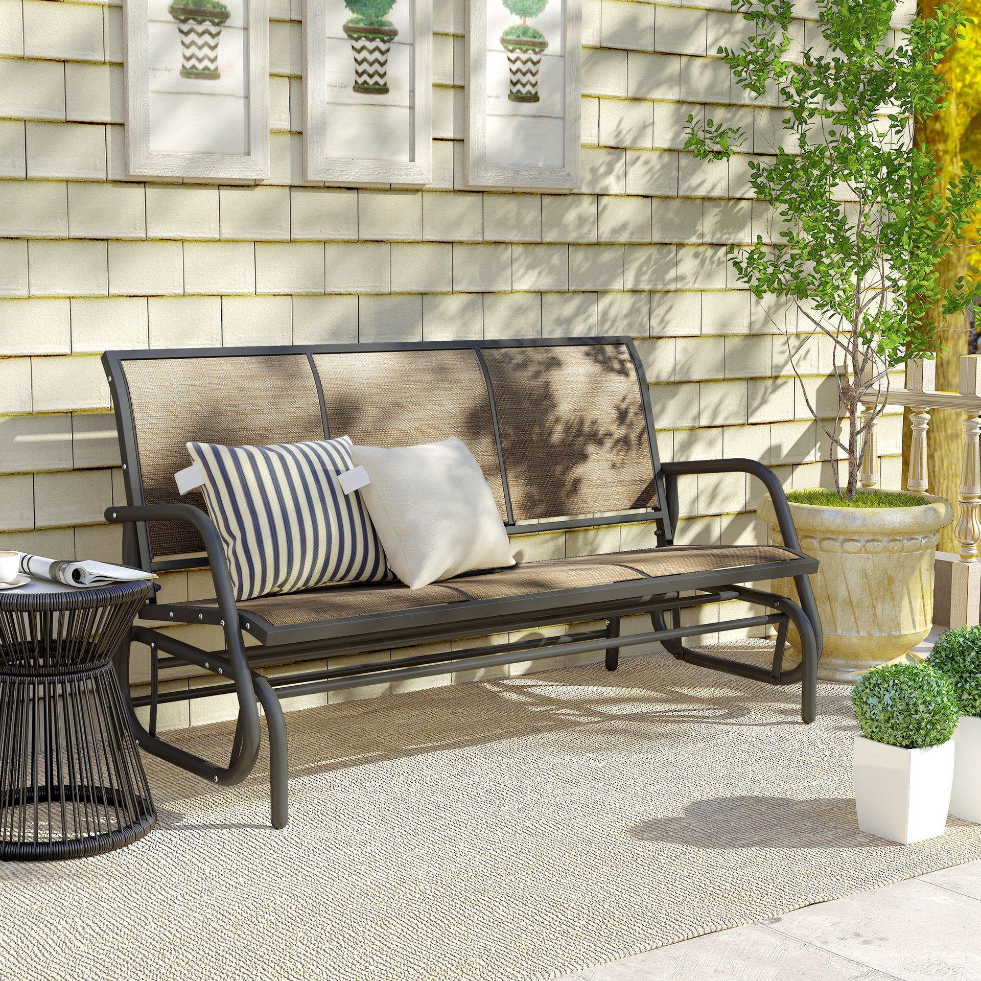Outsunny 3-Person Outdoor Patio Glider Bench, Porch Glider Swing with 3 Seats, Breathable Mesh Fabric, Metal Frame, Brown
