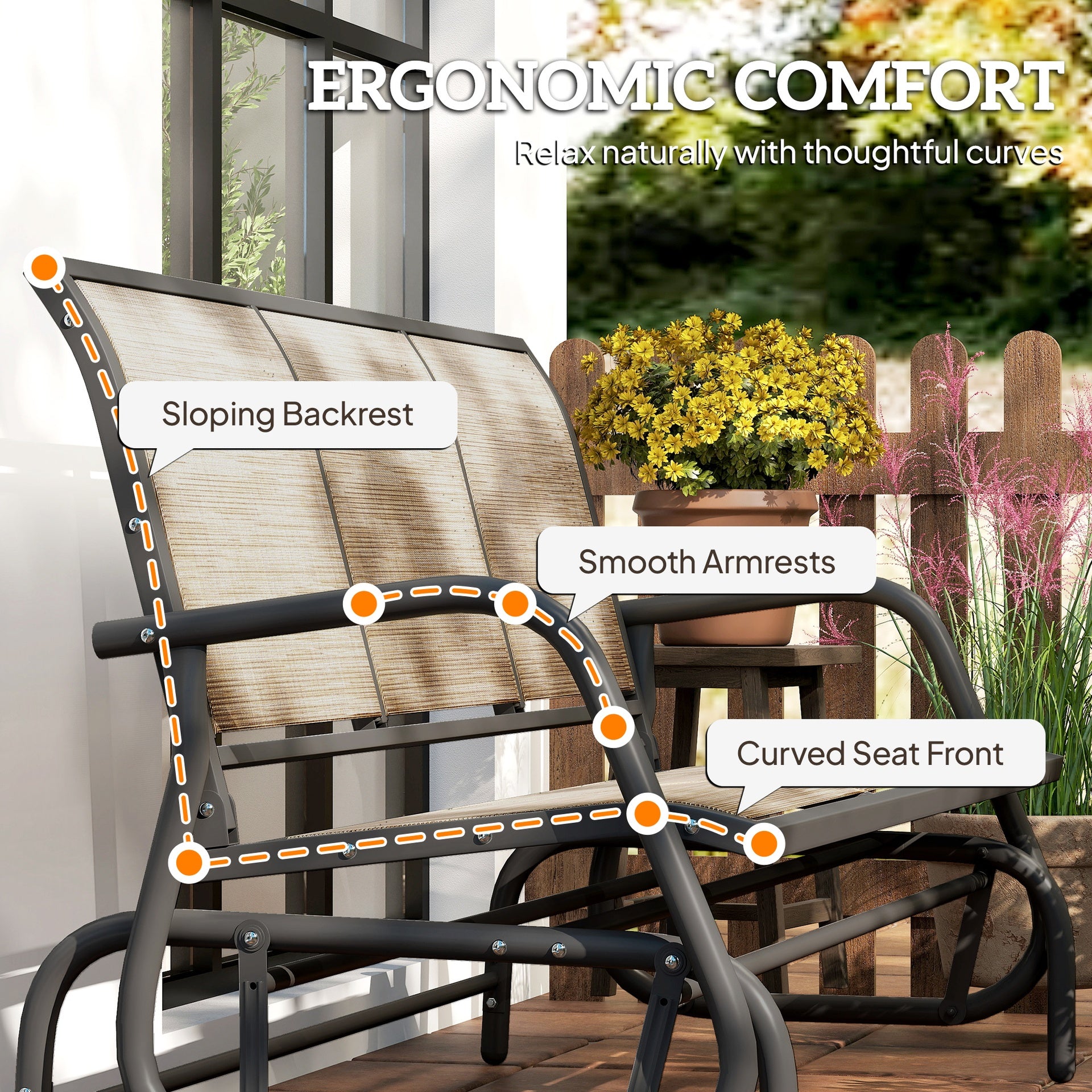 Outsunny 3-Person Outdoor Patio Glider Bench, Porch Glider Swing with 3 Seats, Breathable Mesh Fabric, Metal Frame, Brown