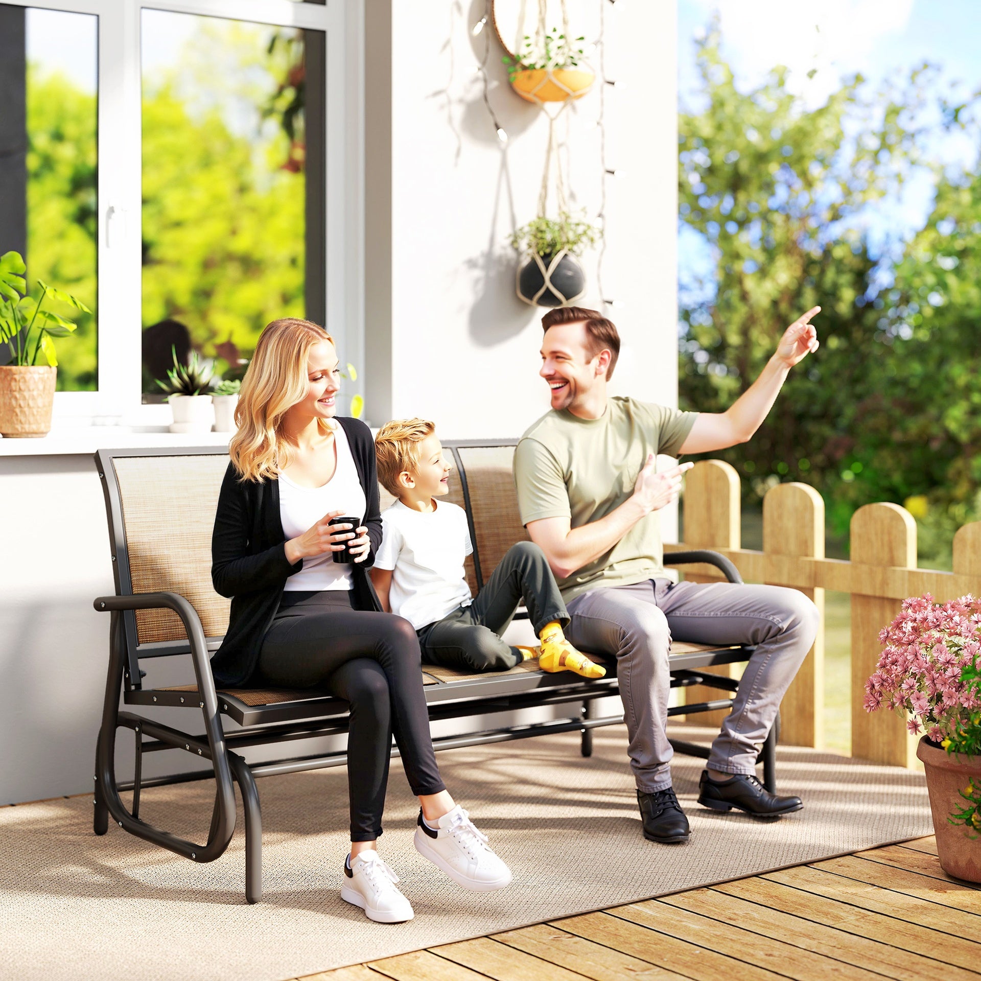Outsunny 3-Person Outdoor Patio Glider Bench, Porch Glider Swing with 3 Seats, Breathable Mesh Fabric, Metal Frame, Brown
