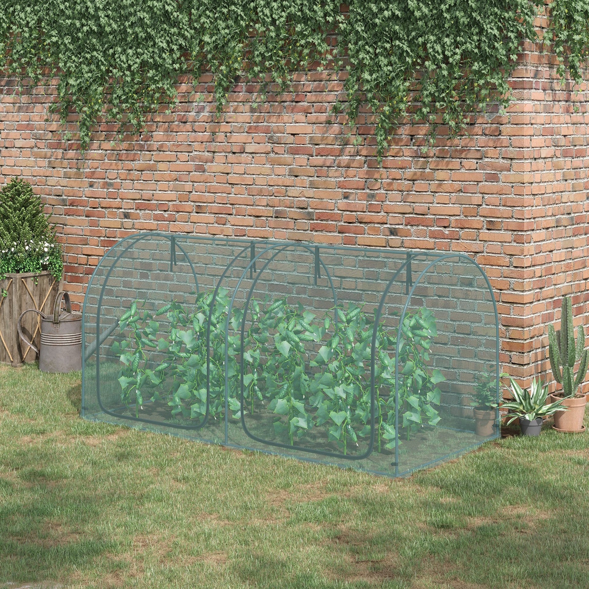 Outsunny 8' x 4' Crop Cage, Plant Protection Tent with Two Zippered Doors, Steel Frame, Storage Bag and 4 Ground Stakes, for Garden, Yard, Lawn, Green