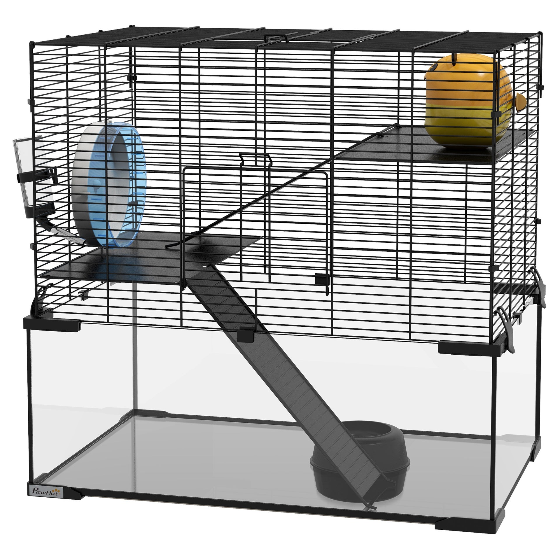 PawHut 23.5" Hamster Cage, Gerbil Cage with Glass Basin for Small Hamsters, Black
