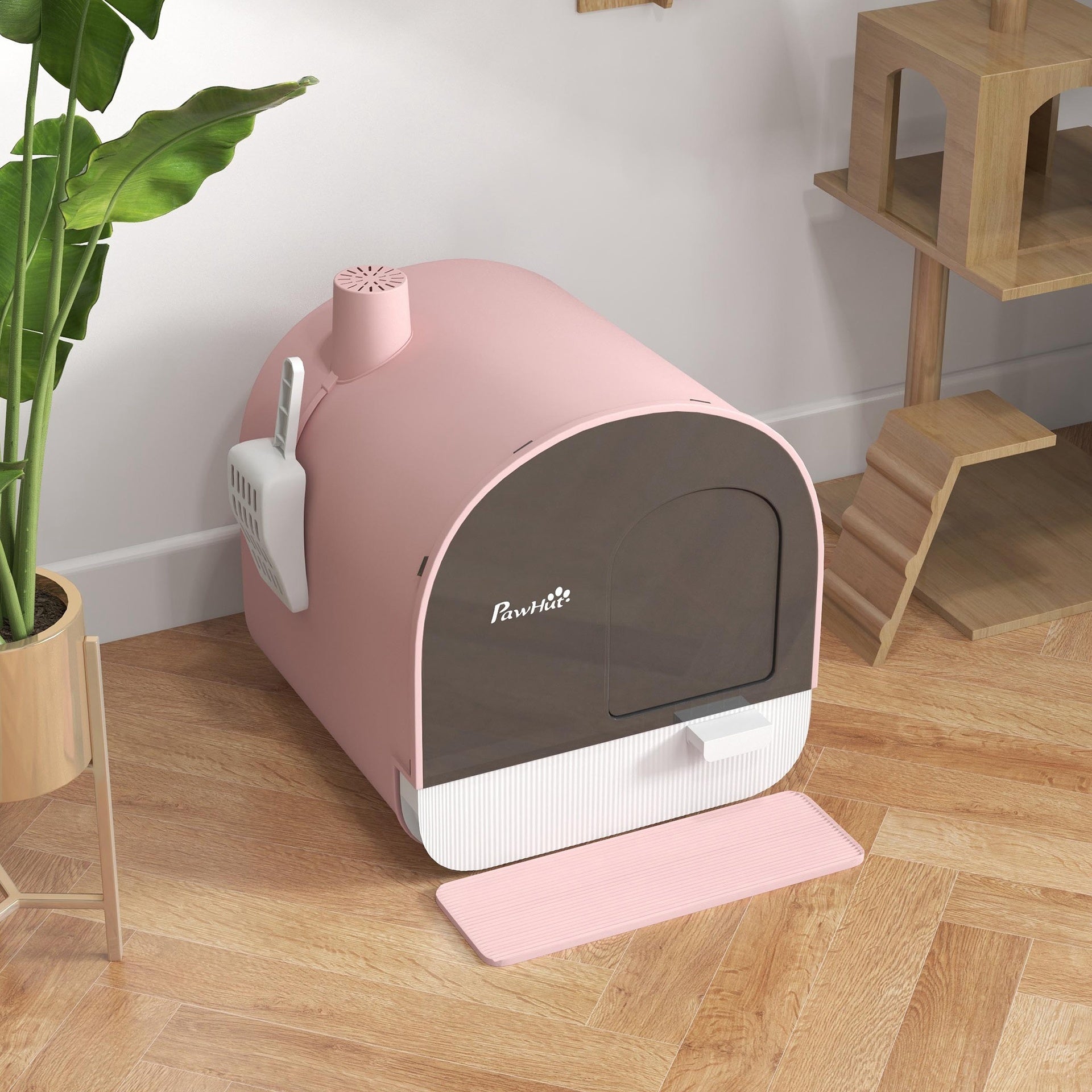 PawHut Cat Litter Box with Lid with Scoop and Filter, Pink