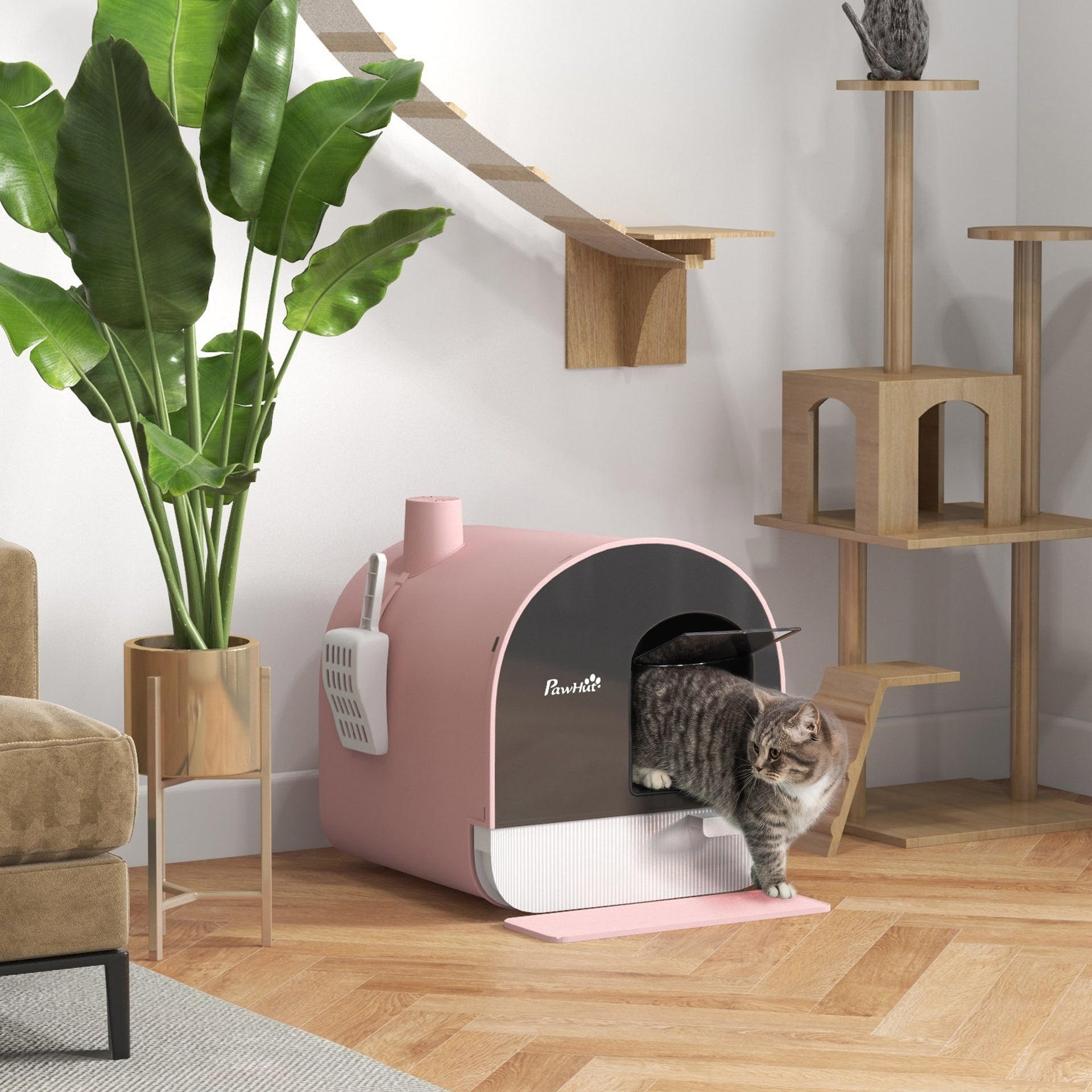 PawHut Cat Litter Box with Lid with Scoop and Filter, Pink