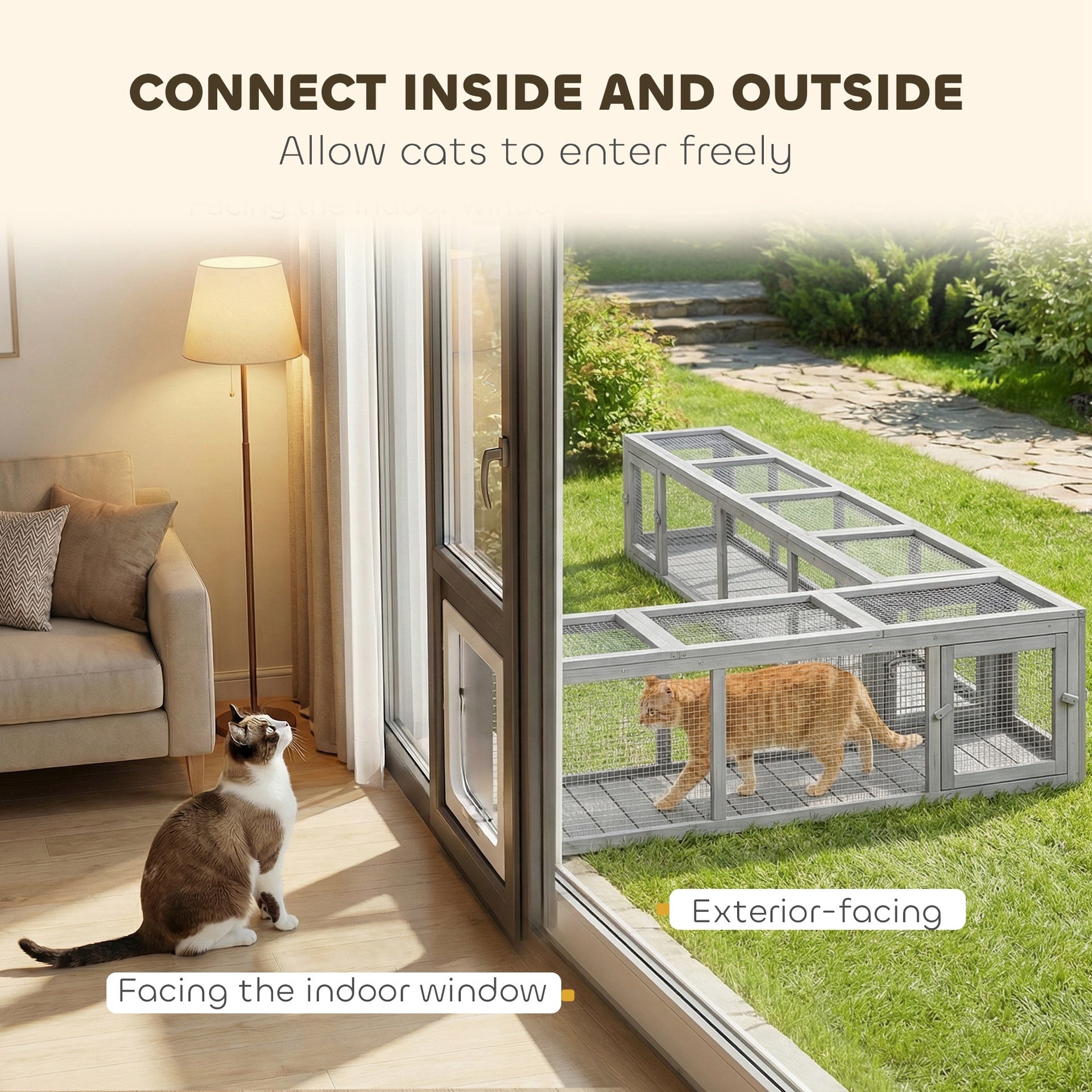 PawHut Wooden Cat Run with Weather Protection, Connecting Inside and Outside, 79"L x 15"W x 15"H, Dark Gray