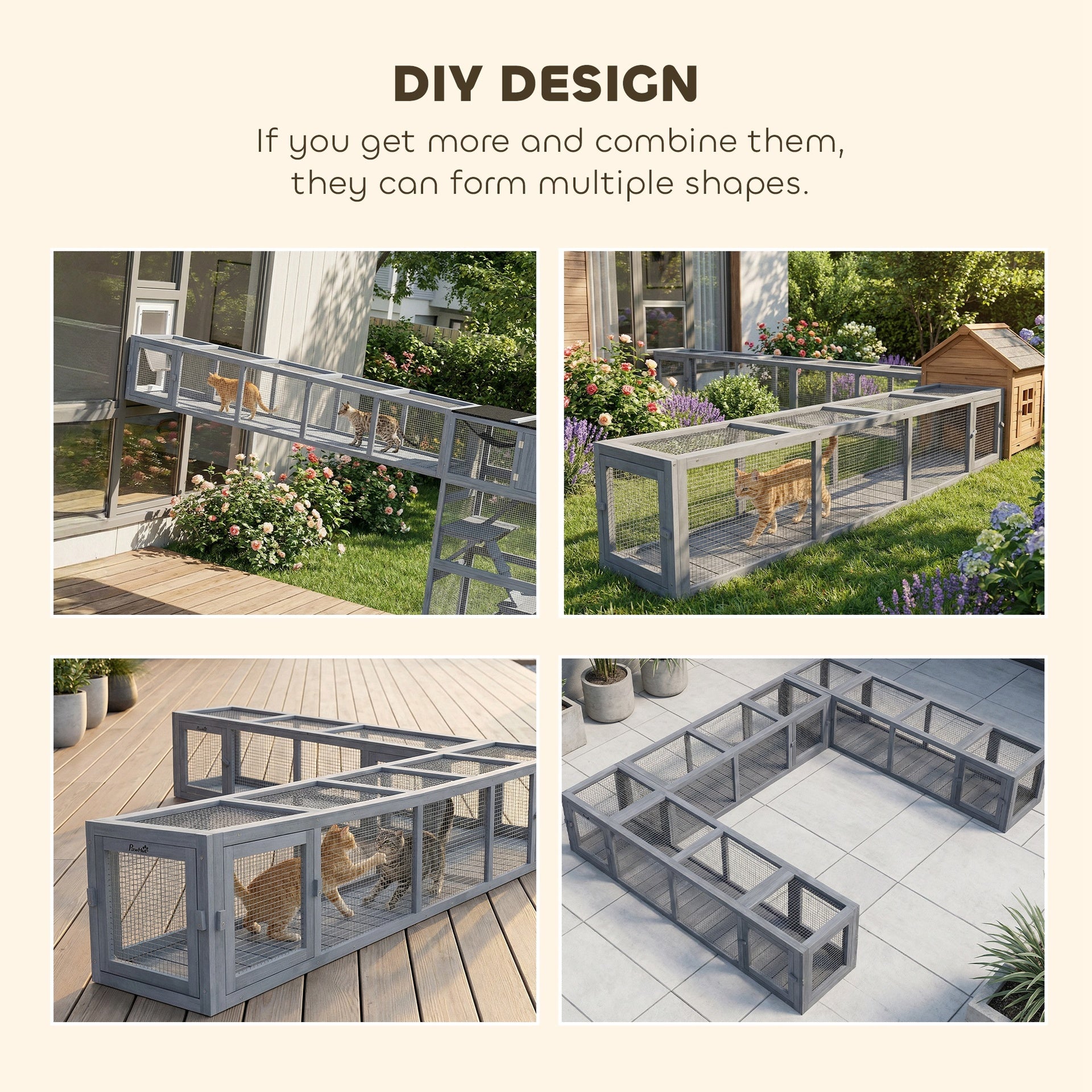 PawHut Wooden Cat Run with Weather Protection, Connecting Inside and Outside, 79"L x 15"W x 15"H, Dark Gray