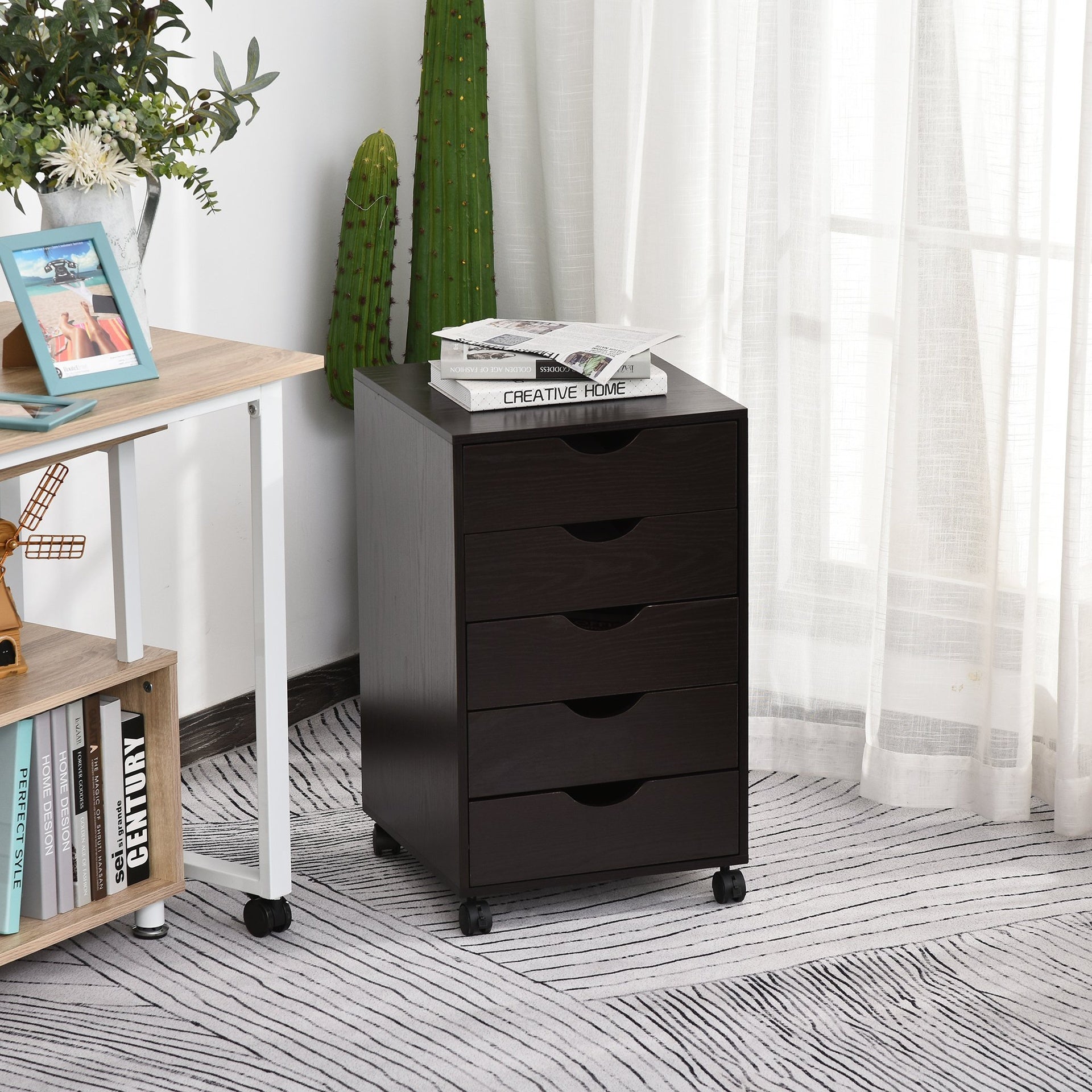 HOMCOM 5 Drawer File Cabinet Storage Organizer Filing Cabinet with Nordic Minimalist Modern Style & Wheels, Brown
