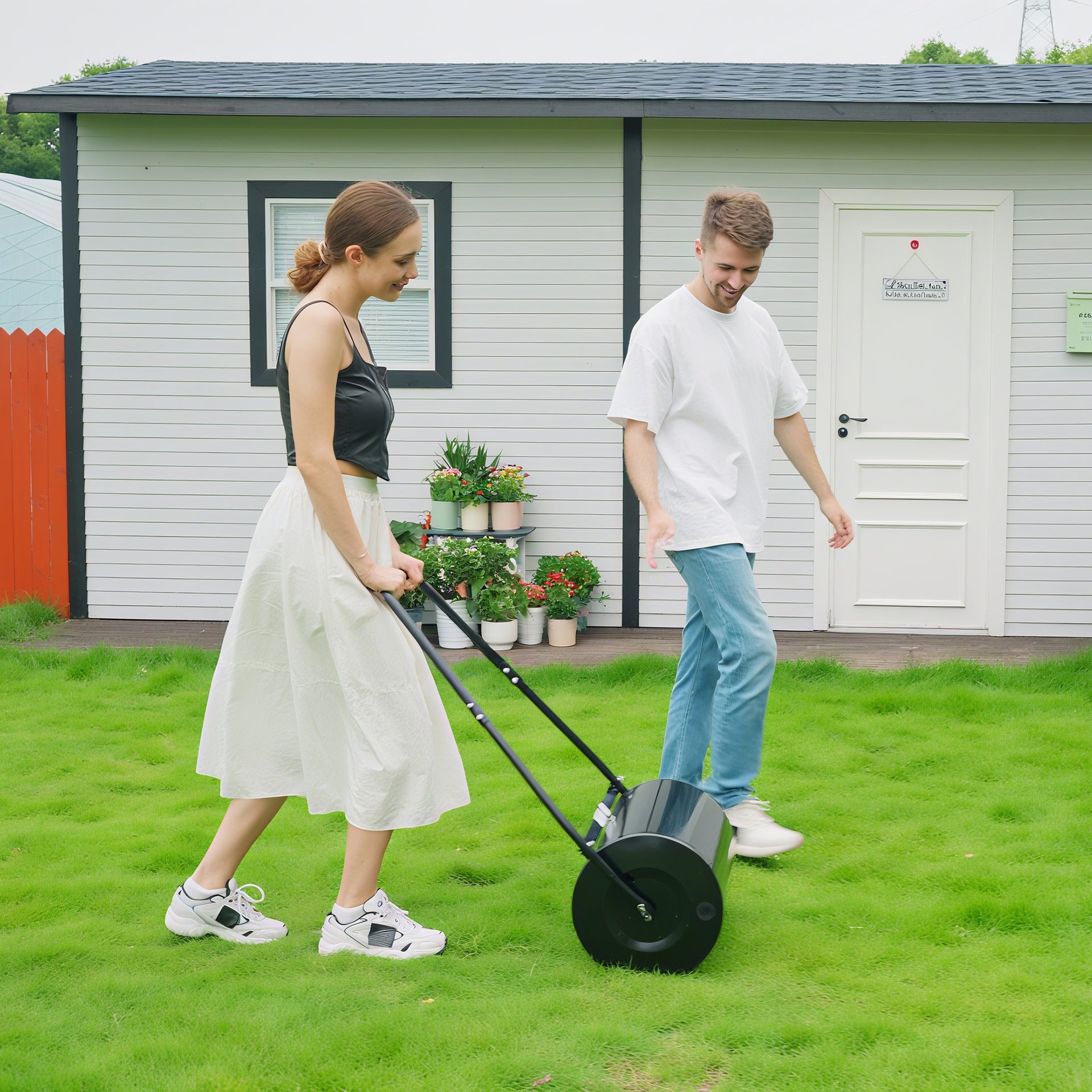 DURHAND 38L Heavy Duty Push/Tow Behind Lawn Roller, U-handle Garden Roller Filled with Water or Sand
