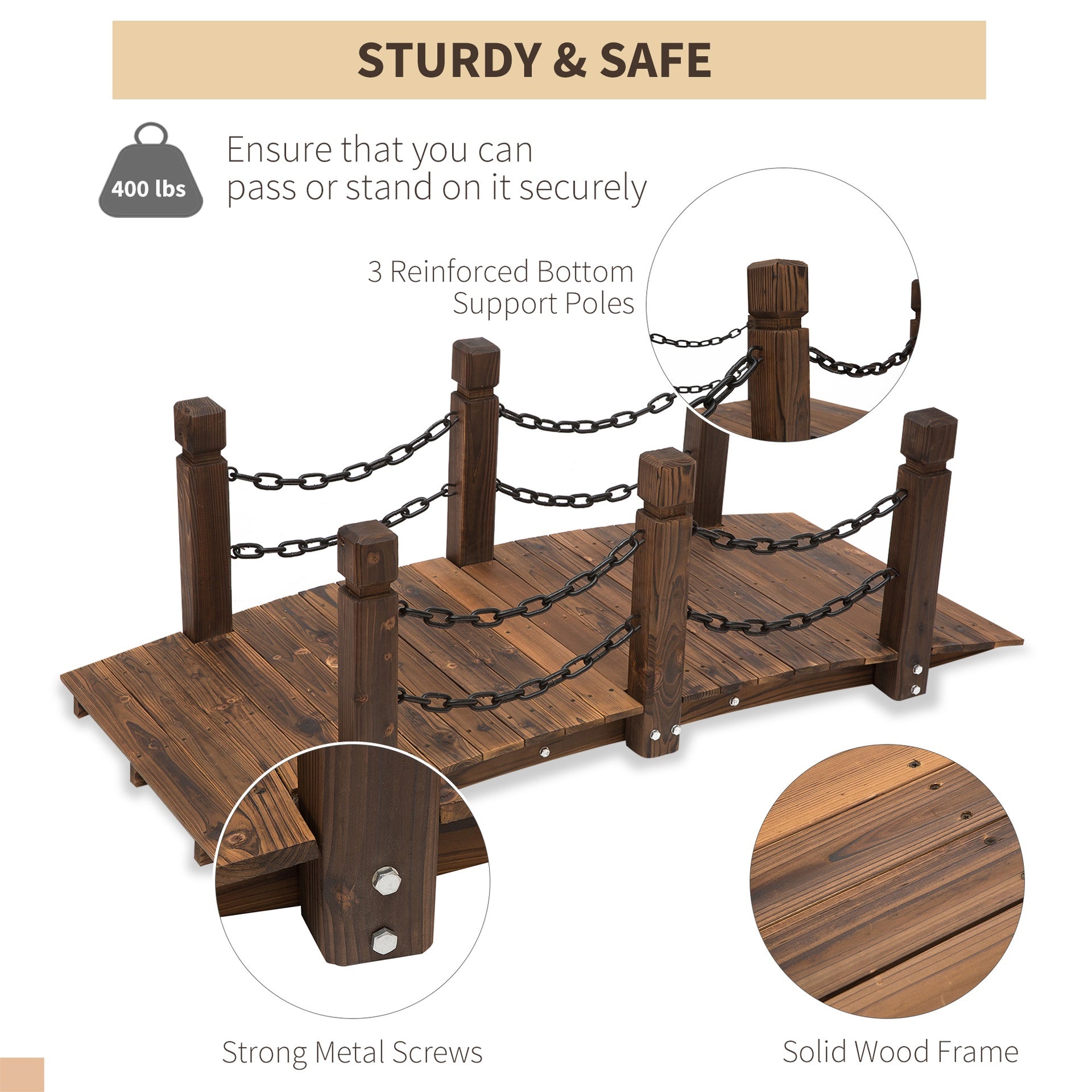 Outsunny 5 ft Wooden Garden Bridge Arc Footbridge with Metal Chain Railings & Solid Fir Construction, Carbonized
