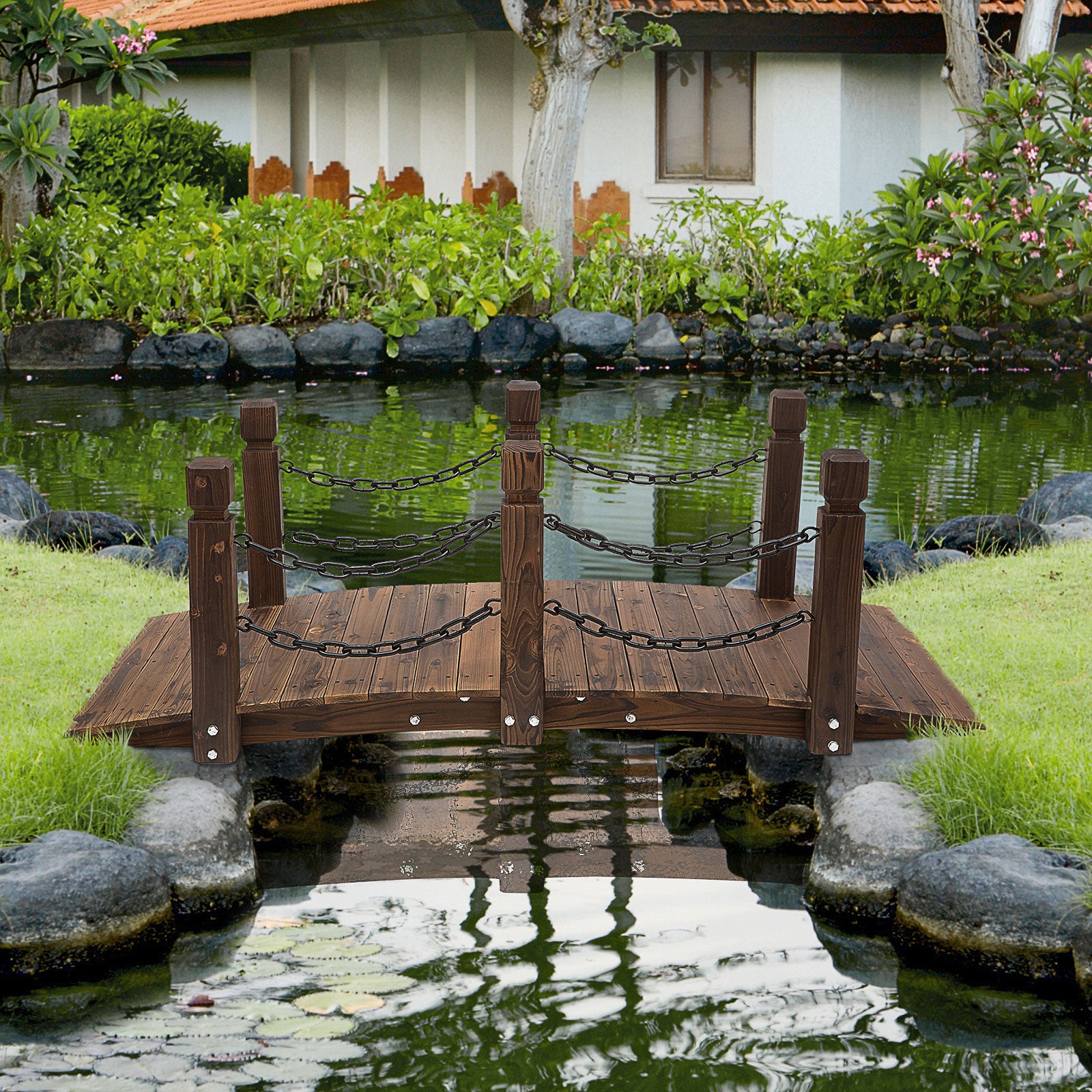 Outsunny 5 ft Wooden Garden Bridge Arc Footbridge with Metal Chain Railings & Solid Fir Construction, Carbonized