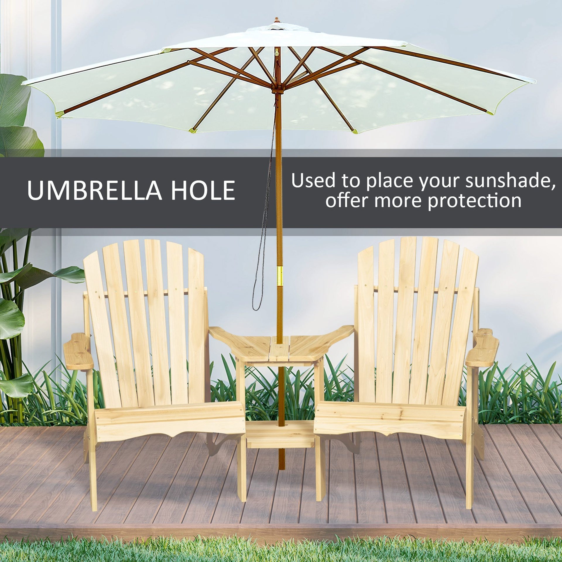 Outsunny Fire Pit Seating, 2 Wooden Adirondack Chairs with Outdoor Table & Umbrella Hole, Wood 2 Person Adirondack Bench, Natural