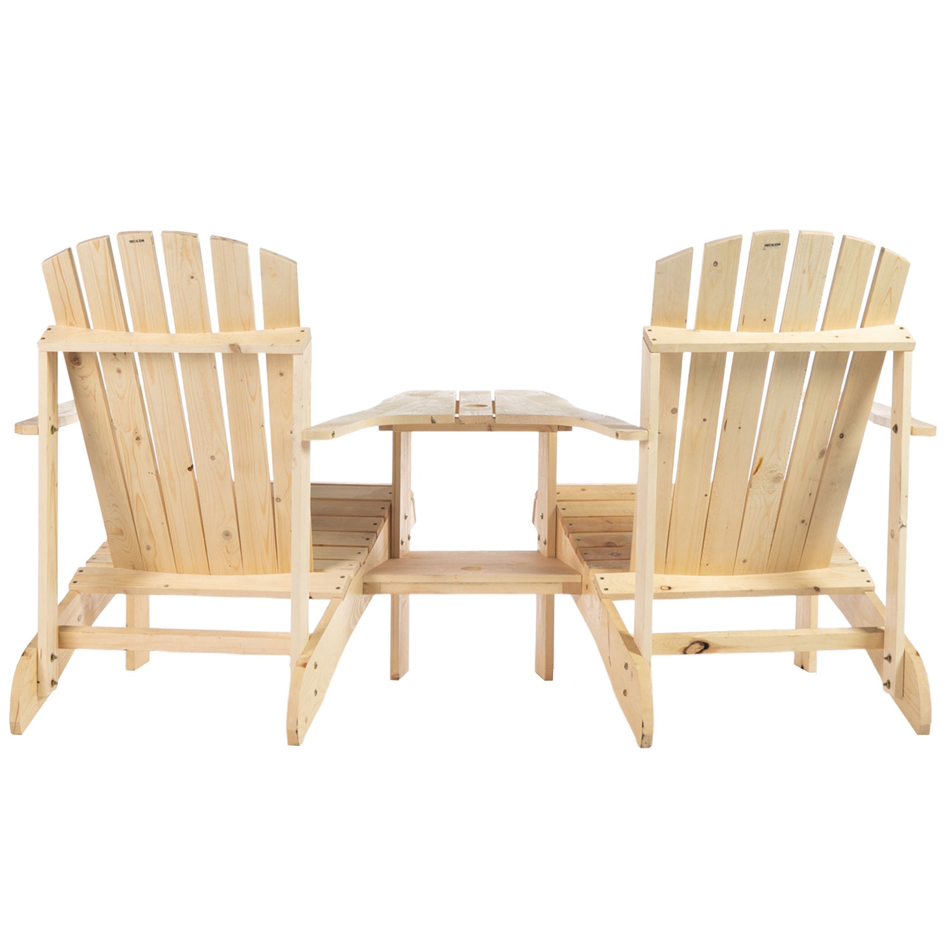 Outsunny Fire Pit Seating, 2 Wooden Adirondack Chairs with Outdoor Table & Umbrella Hole, Wood 2 Person Adirondack Bench, Natural