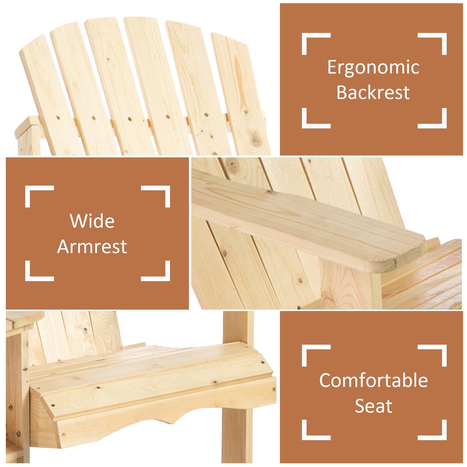Outsunny Fire Pit Seating, 2 Wooden Adirondack Chairs with Outdoor Table & Umbrella Hole, Wood 2 Person Adirondack Bench, Natural