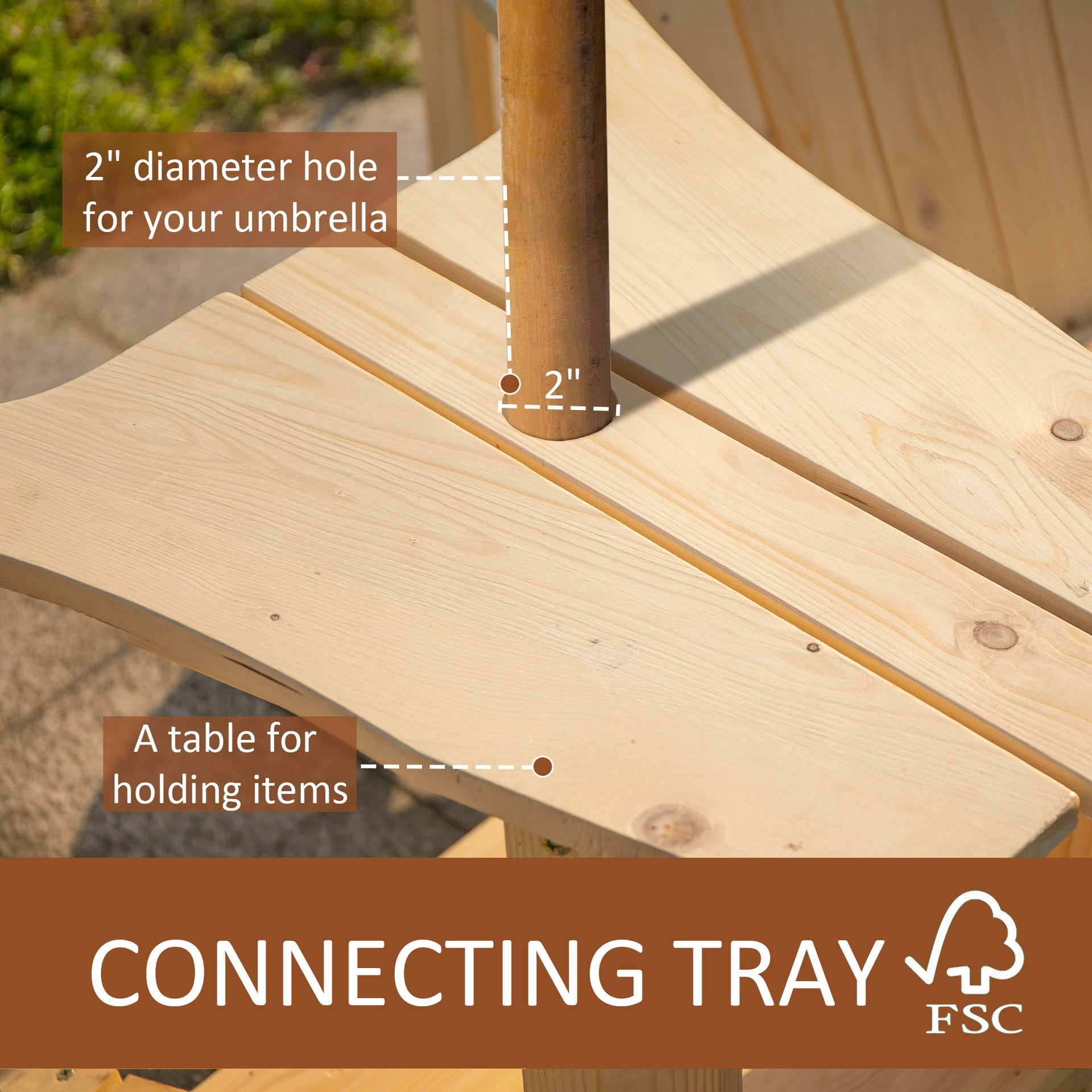 Outsunny Fire Pit Seating, 2 Wooden Adirondack Chairs with Outdoor Table & Umbrella Hole, Wood 2 Person Adirondack Bench, Natural