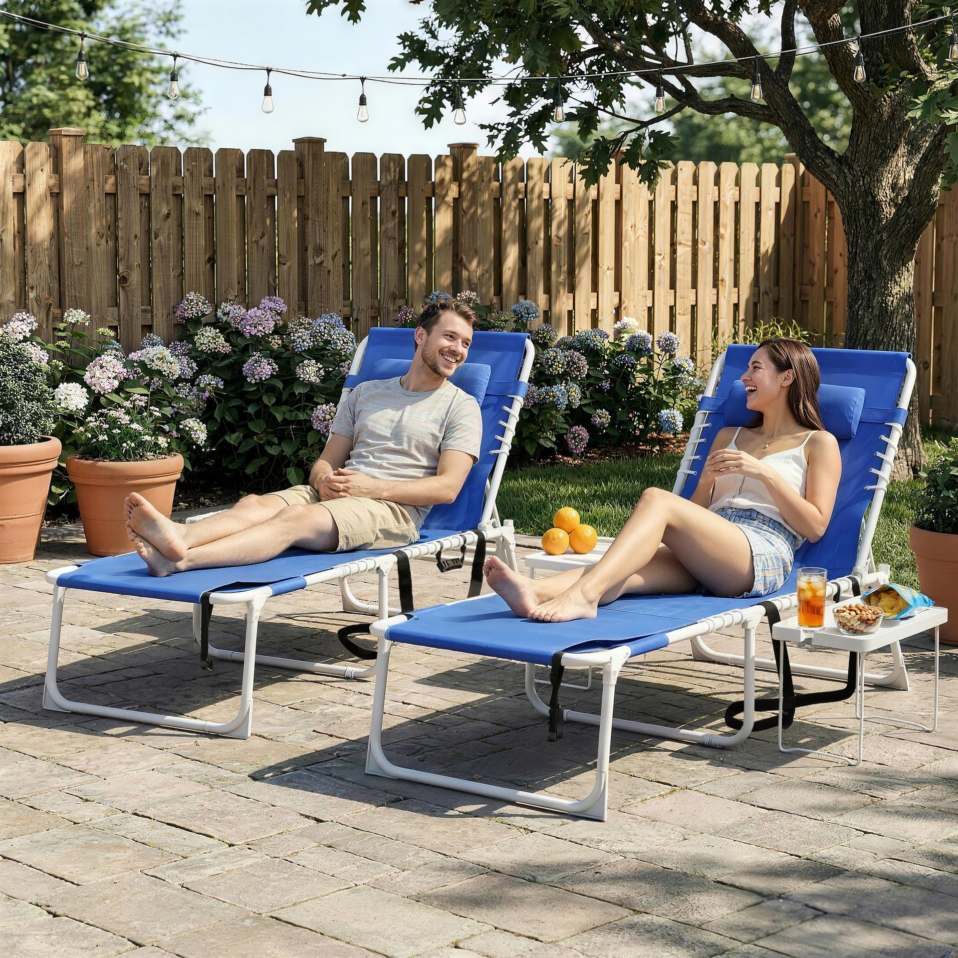 Outsunny Tanning Chair Set of 2 with Face Hole and Side Table, 5-Position Folding Outdoor Chaise Lounge Chair, Navy Blue