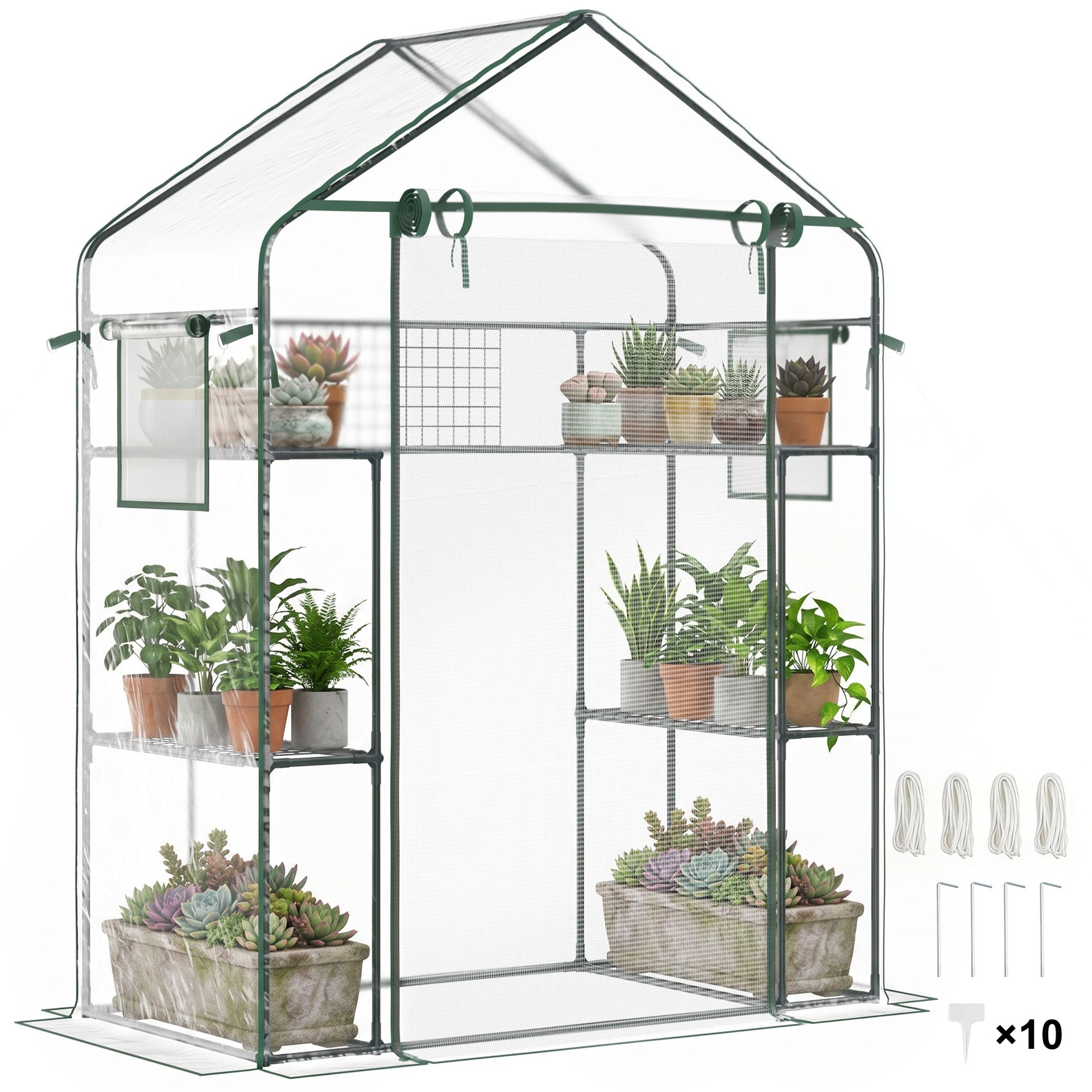 Outsunny Outdoor Walk-in Mini Greenhouse with Mesh Door & Windows, Small Portable Garden Green House with 3 Tiers 6 Shelves, Trellis, & Plant Labels