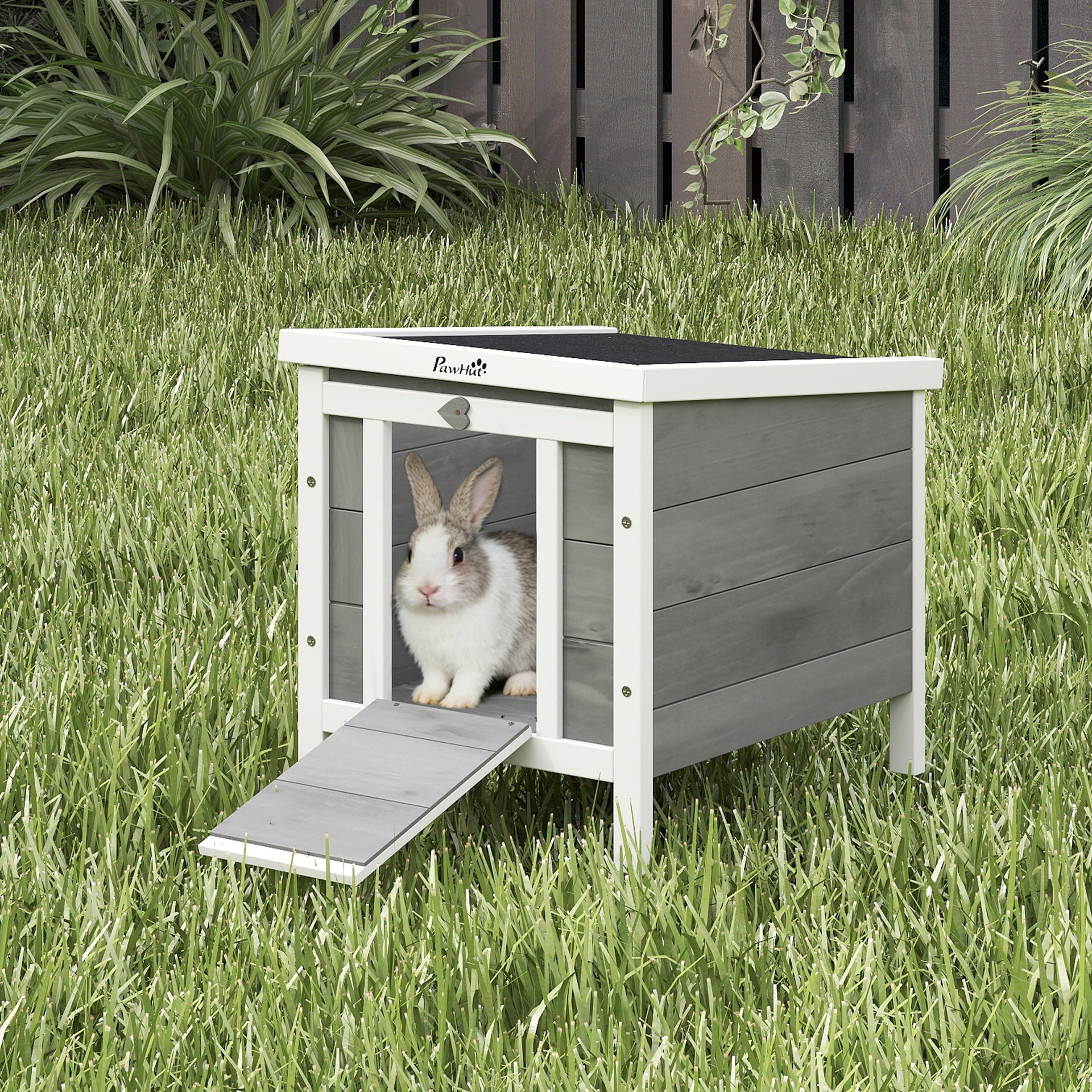 PawHut Small Wooden Rabbit Hutch Bunny Cage Guinea Pig Cage Duck House Dog House with Openable & Waterproof Roof, for Rabbits, Chickens, Ducks, Gray
