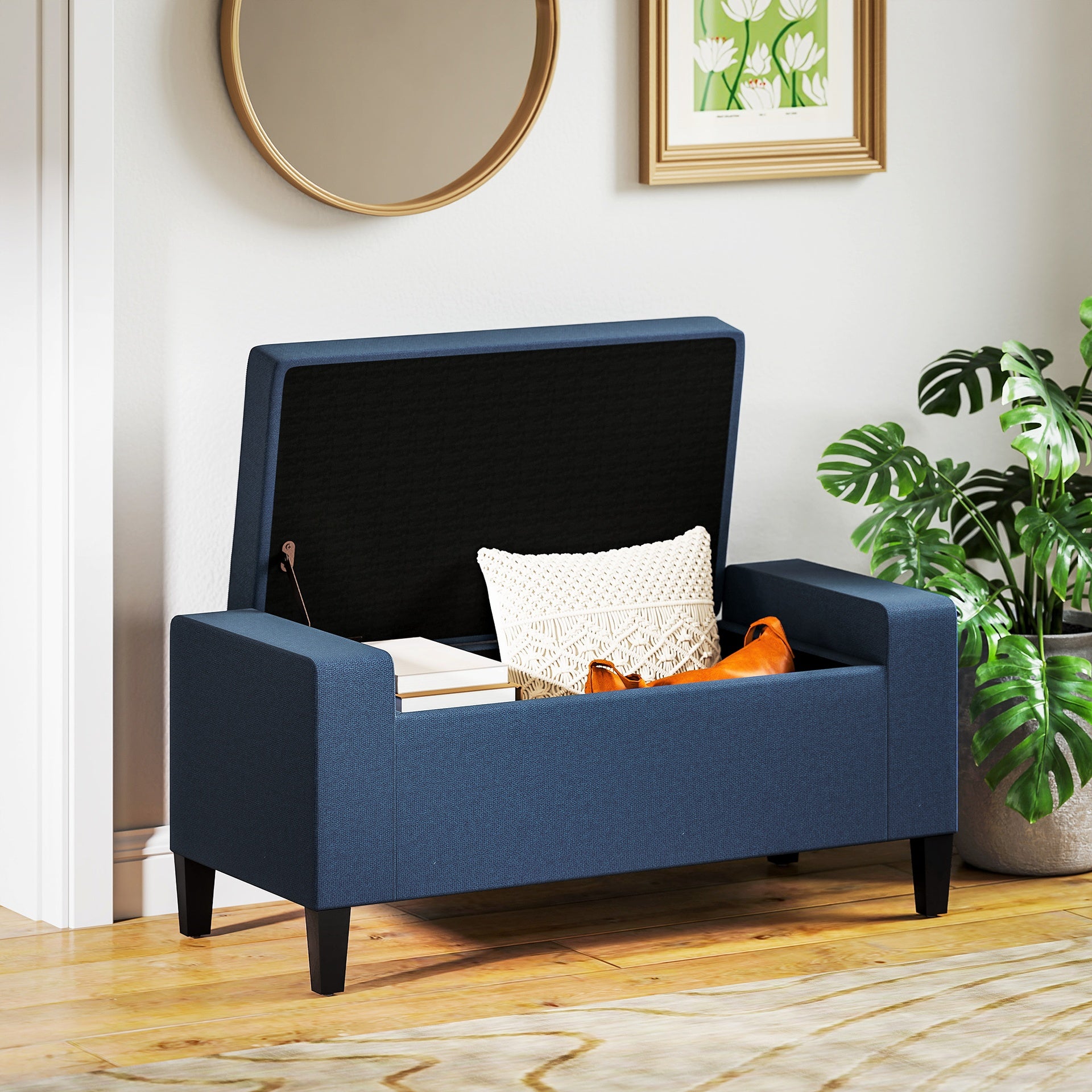 HOMCOM Upholstered Storage Ottoman Bench, Button Tufted Ottoman with Hidden Storage, Lift Top for Living Room, Dark Blue
