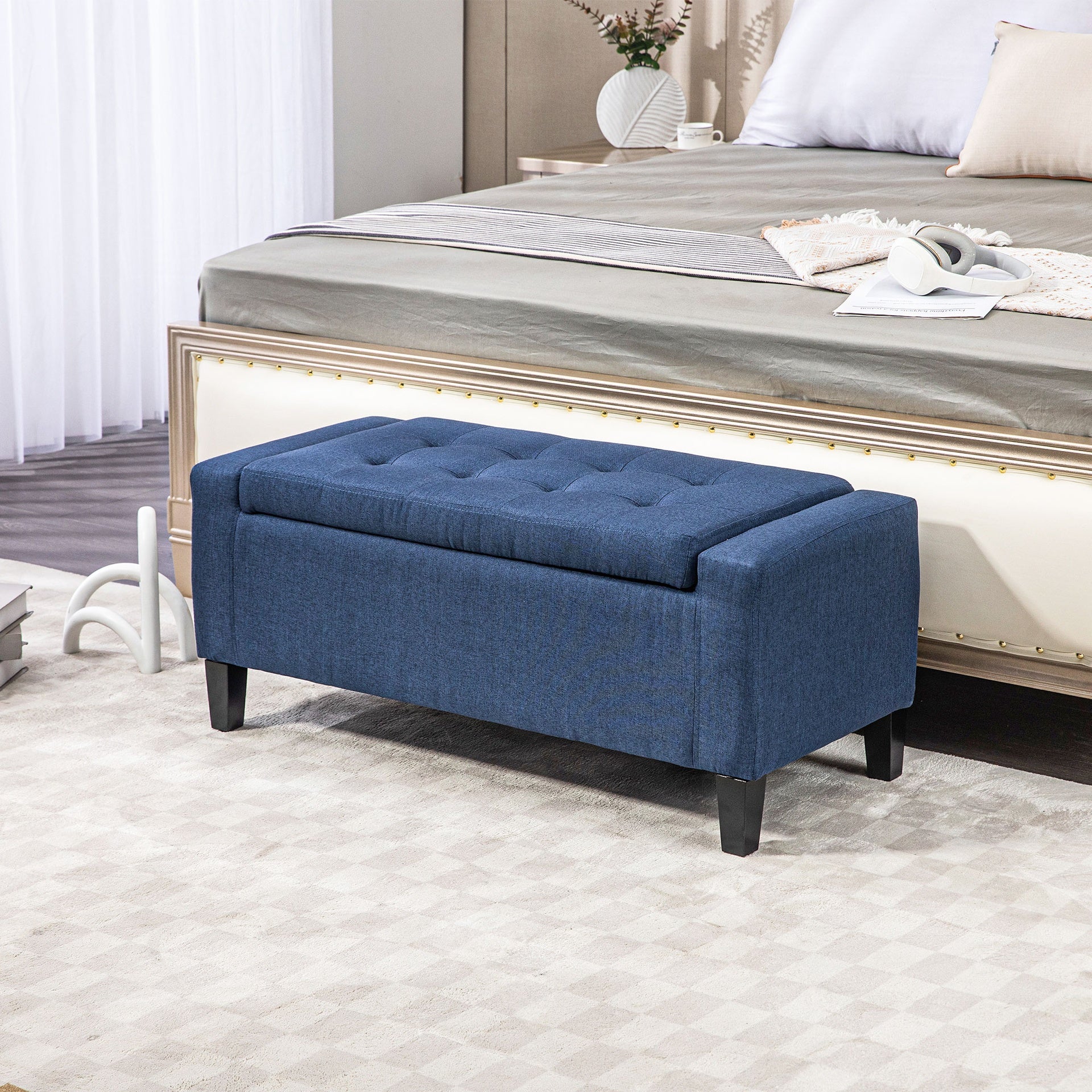 HOMCOM Upholstered Storage Ottoman Bench, Button Tufted Ottoman with Hidden Storage, Lift Top for Living Room, Dark Blue